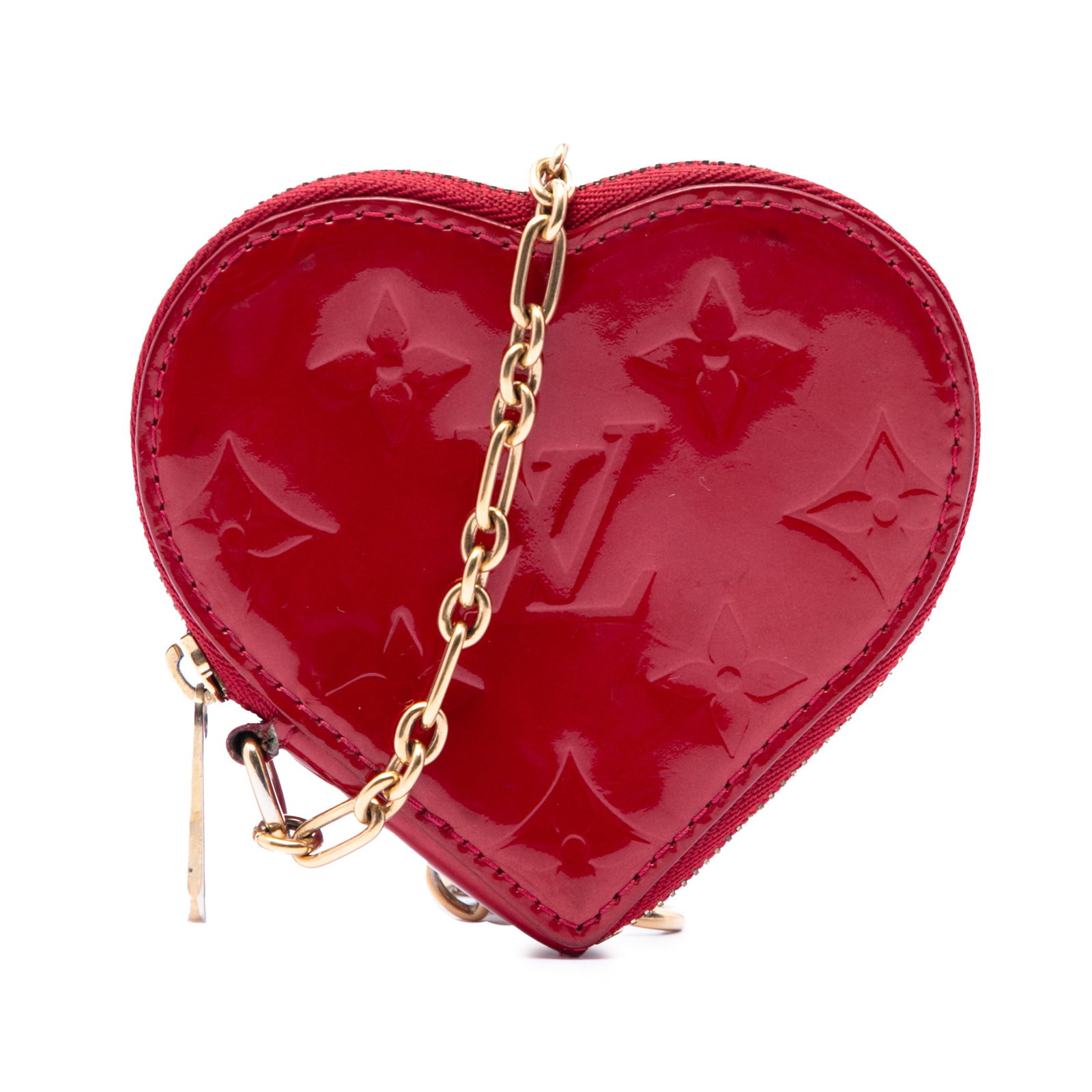 Louis Vuitton Monogram Vernis Heart Leather Coin Purse Red: Louis Vuitton Monogram Vernis Heart Leather Coin Purse Red A Louis Vuitton Monogram Vernis Heart Coin Purse in red leather, made in Italy. It features a vernis body, a chain with a heart pendant, and 