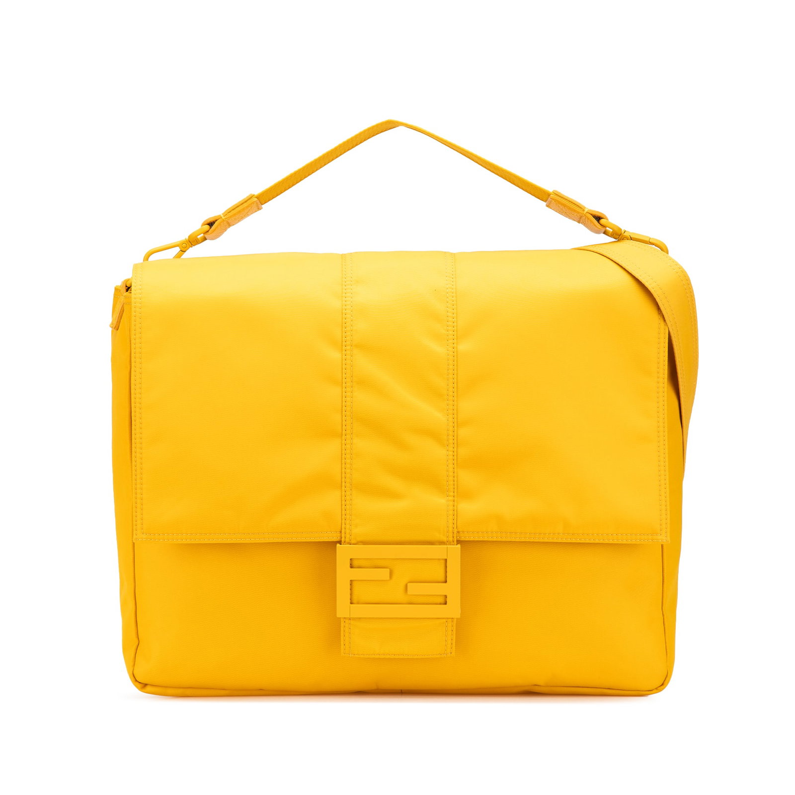 Fendi Large Econyl Nylon Baguette Satchel Yellow Fabric: Fendi Large Econyl Nylon Baguette Satchel Yellow Fabric Introducing the Fendi Large Econyl Nylon Baguette Satchel, a stylish and functional accessory that showcases a vibrant yellow color. This satche