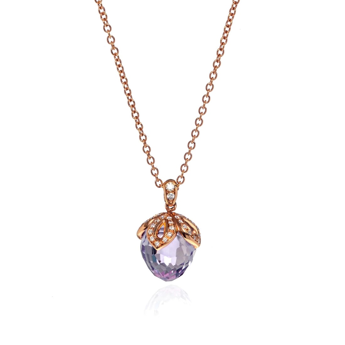 Luca Carati 18K Rose Gold Amethyst Diamond Pendant Necklace: Luca Carati 18K Rose Gold Amethyst Diamond Pendant Necklace This exquisite pendant necklace from Luca Carati features a stunning purple Amethyst, beautifully complemented by sparkling diamonds. Crafte