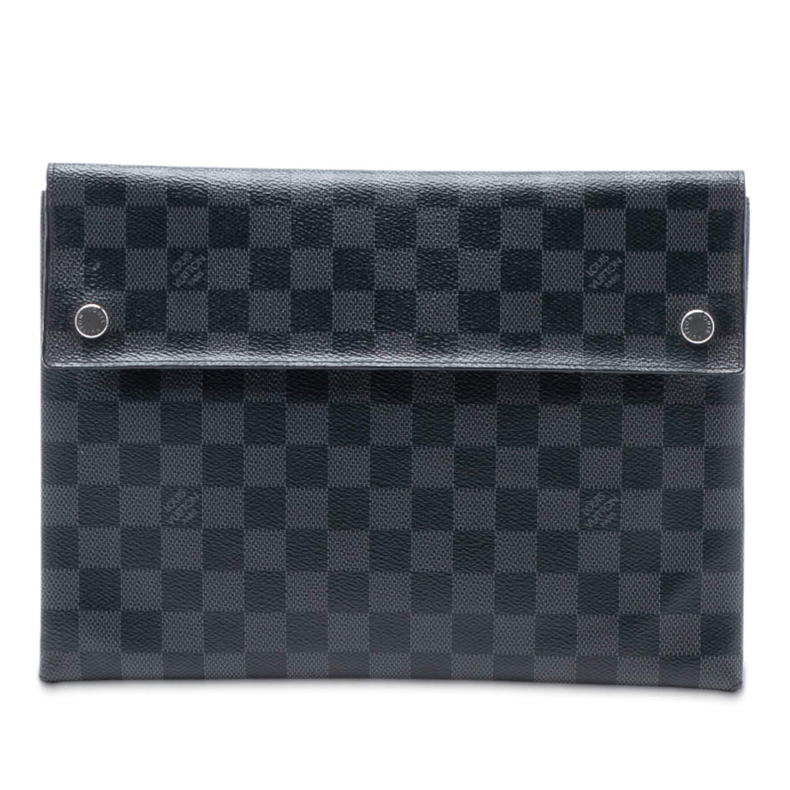 Damier Graphite Alpha Pochette GM Bag by Louis Vuitton: Damier Graphite Alpha Pochette GM Bag by Louis Vuitton The Louis Vuitton Damier Graphite Alpha Pochette GM features a damier graphite canvas body and a front flap with snap button closures. The bag sh