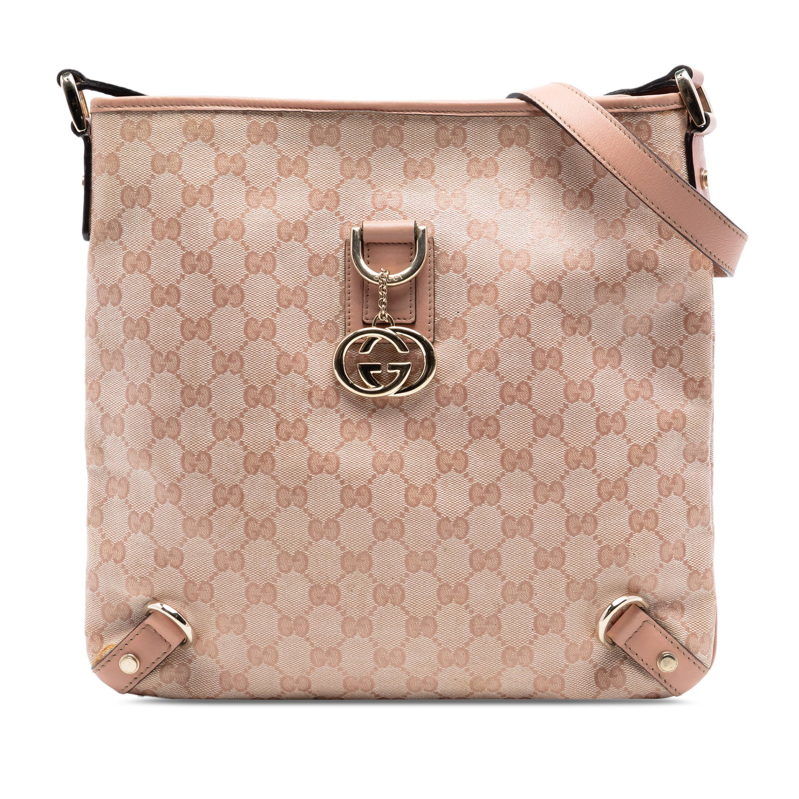 Gucci GG Crystal Abbey D Ring Pink Crossbody Bag: Gucci GG Crystal Abbey D Ring Pink Crossbody Bag This Gucci GG Crystal Abbey D Ring Crossbody bag is crafted from coated canvas with leather trim and features a flat leather strap, top zip closure, an