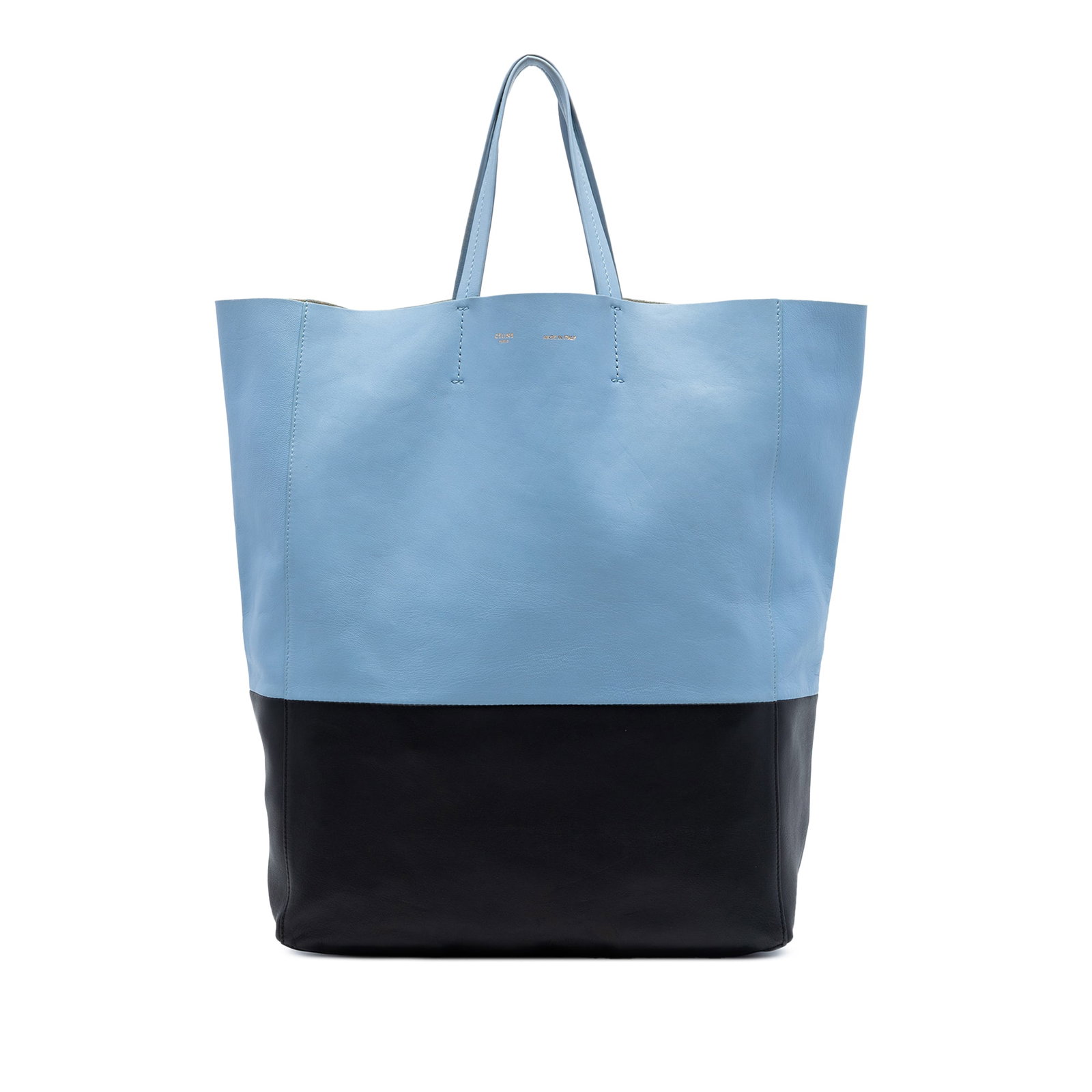 Celine Vertical Cabas Bicolor Leather Tote Bag Blue: Celine Vertical Cabas Bicolor Leather Tote Bag Blue This is a Celine bicolor leather vertical cabas tote made in Italy. It features a leather body, flat leather handles, an open top, and an interior z