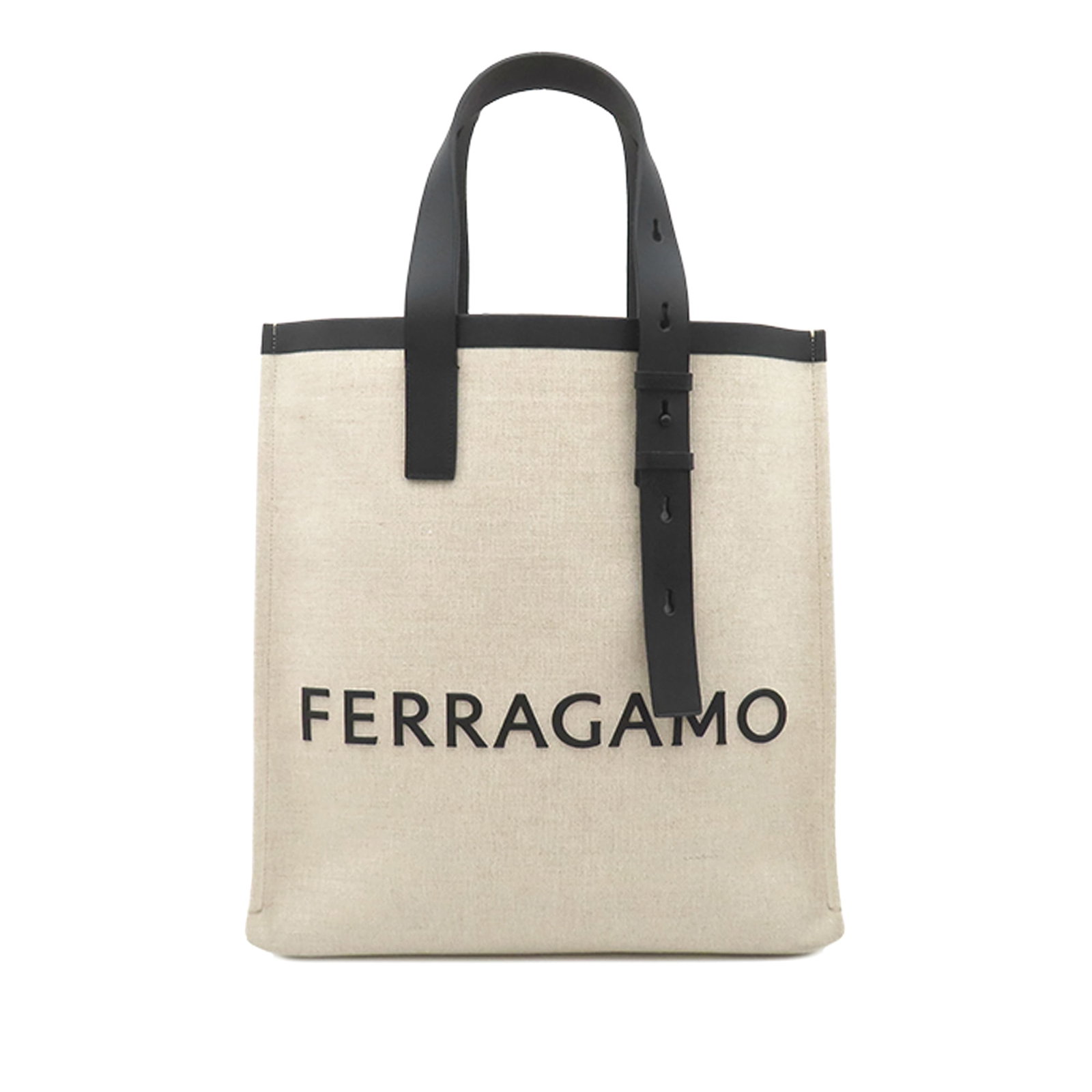 Ferragamo Signature Logo Canvas Tote with Leather Trim: Ferragamo Signature Logo Canvas Tote with Leather Trim Ferragamo Canvas Embossed Logo Signature Tote in beige canvas with leather trim and adjustable flat leather straps. This open-top tote is made in