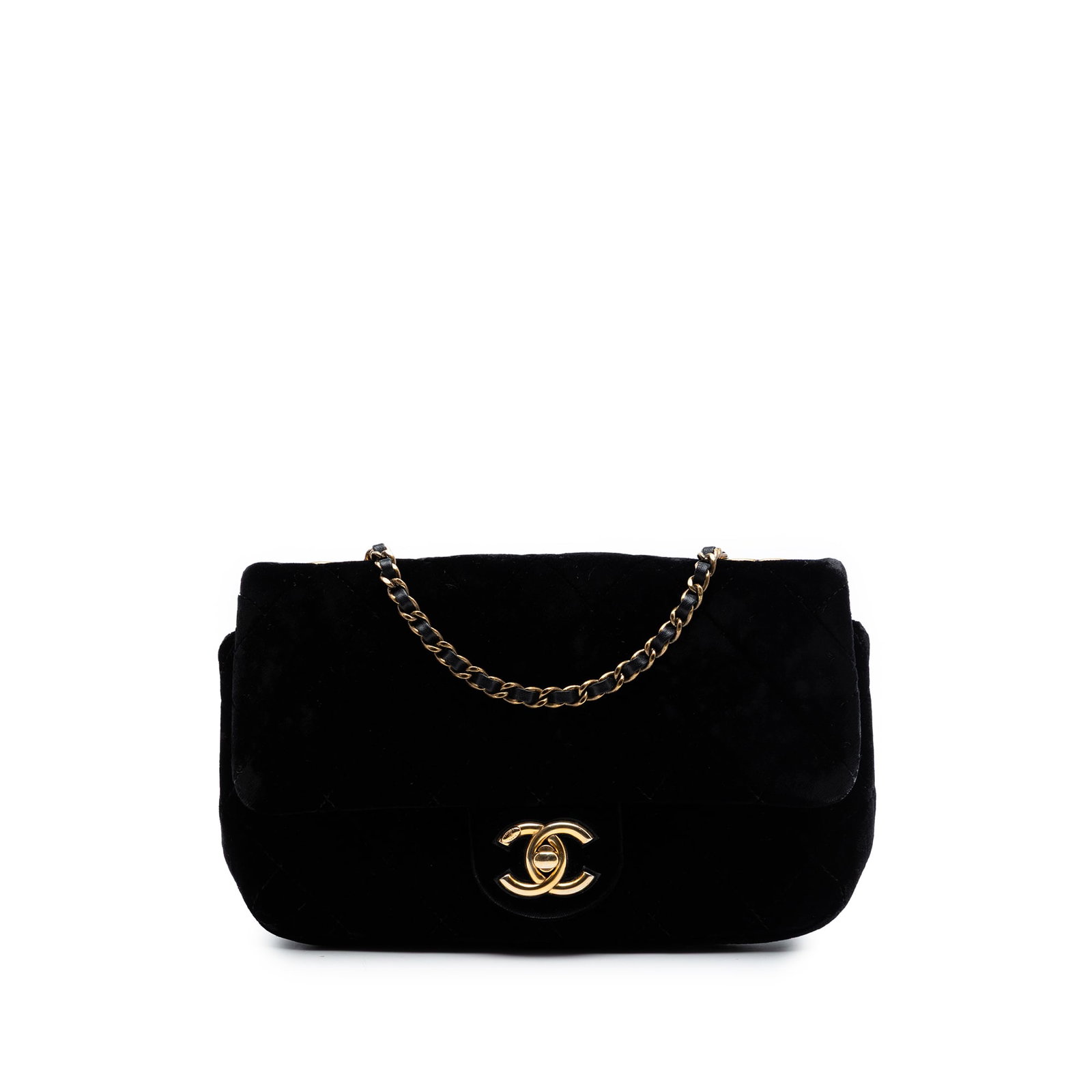 Chanel velvet quilted flap bag CC eyelet black: Chanel velvet quilted flap bag CC eyelet black This Chanel Small Quilted Velvet CC Eyelet Flap bag features a luxurious quilted velvet body with a velvet-woven chain shoulder strap. The design include