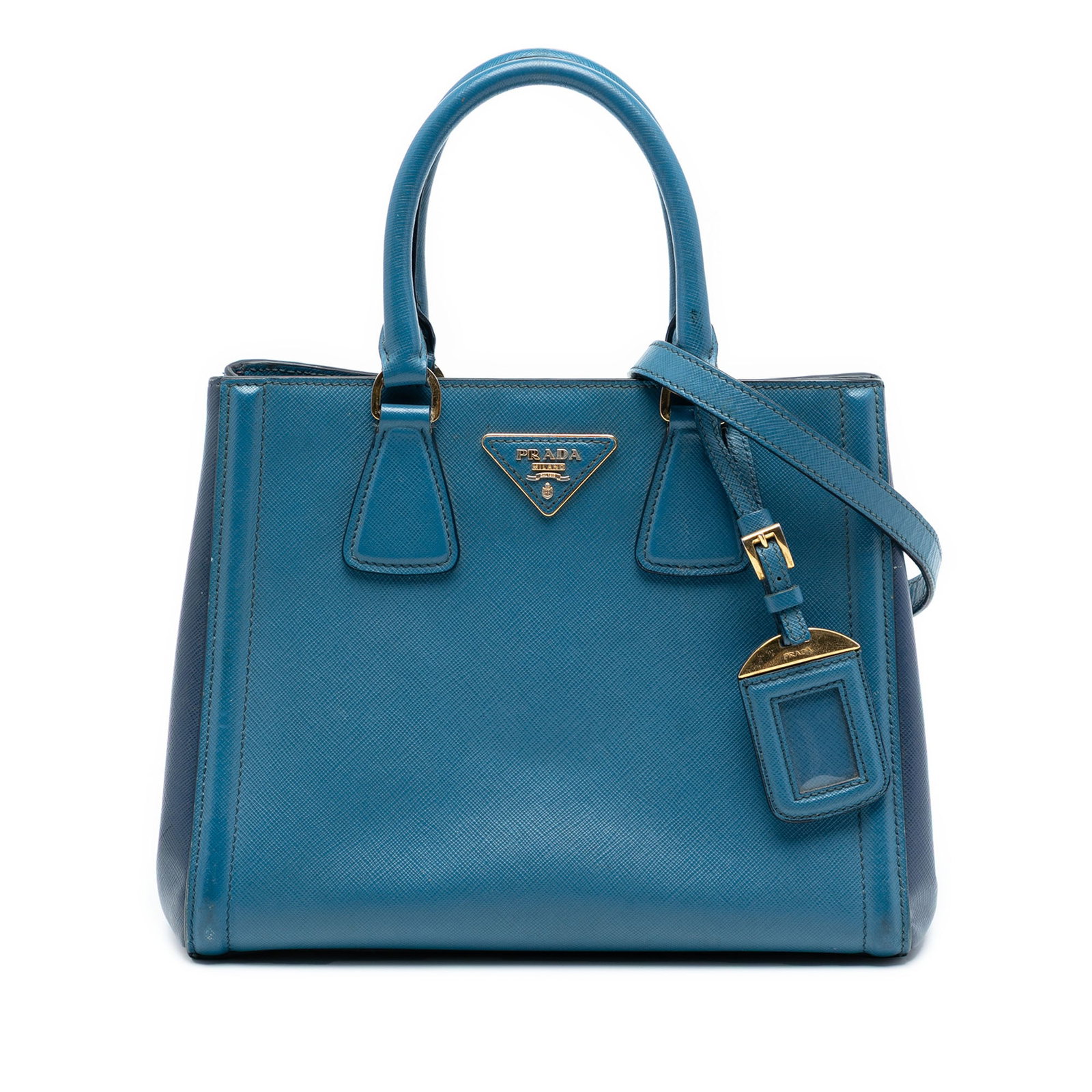Prada Saffiano Leather Small Galleria Satchel with Blue Bicolor Design: Prada Saffiano Leather Small Galleria Satchel with Blue Bicolor Design This Prada Small Bicolor Saffiano Lux Galleria Satchel is crafted from saffiano leather and features rolled leather handles, a de