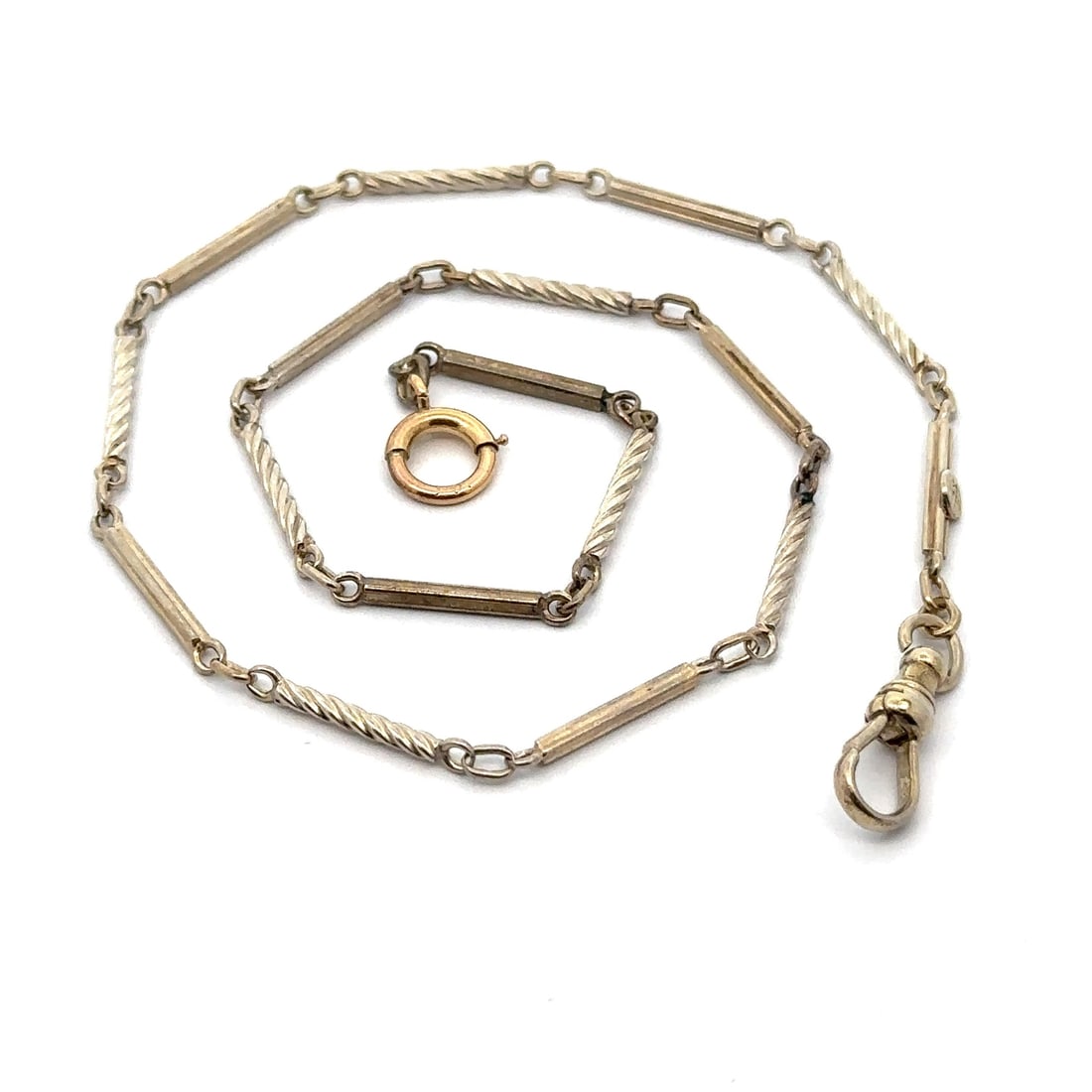 Antique 14k White Gold Textured Bar Link Pocket Watch Chain: Antique 14k White Gold Textured Bar Link Pocket Watch Chain This antique pocket watch chain is crafted from 14k solid white gold, featuring a grooved and textured bar link design that adds a sophistic