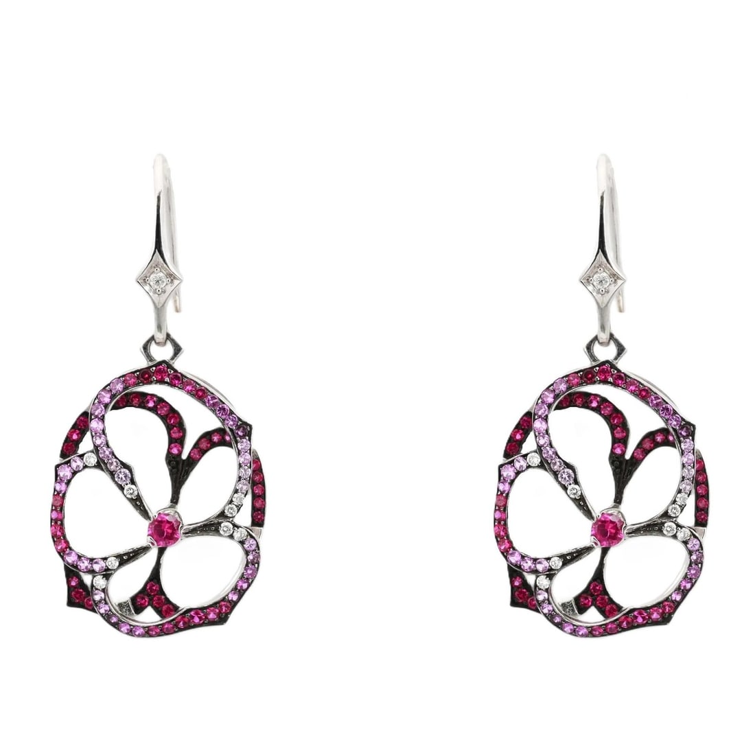 Stephen Webster 18K White Gold Drop Earrings with Diamonds Rubies Pink Sapphires: Stephen Webster 18K White Gold Drop Earrings with Diamonds Rubies Pink Sapphires These Stephen Webster drop earrings feature a stunning floral design crafted in 18K white gold. Adorned with round-cut 