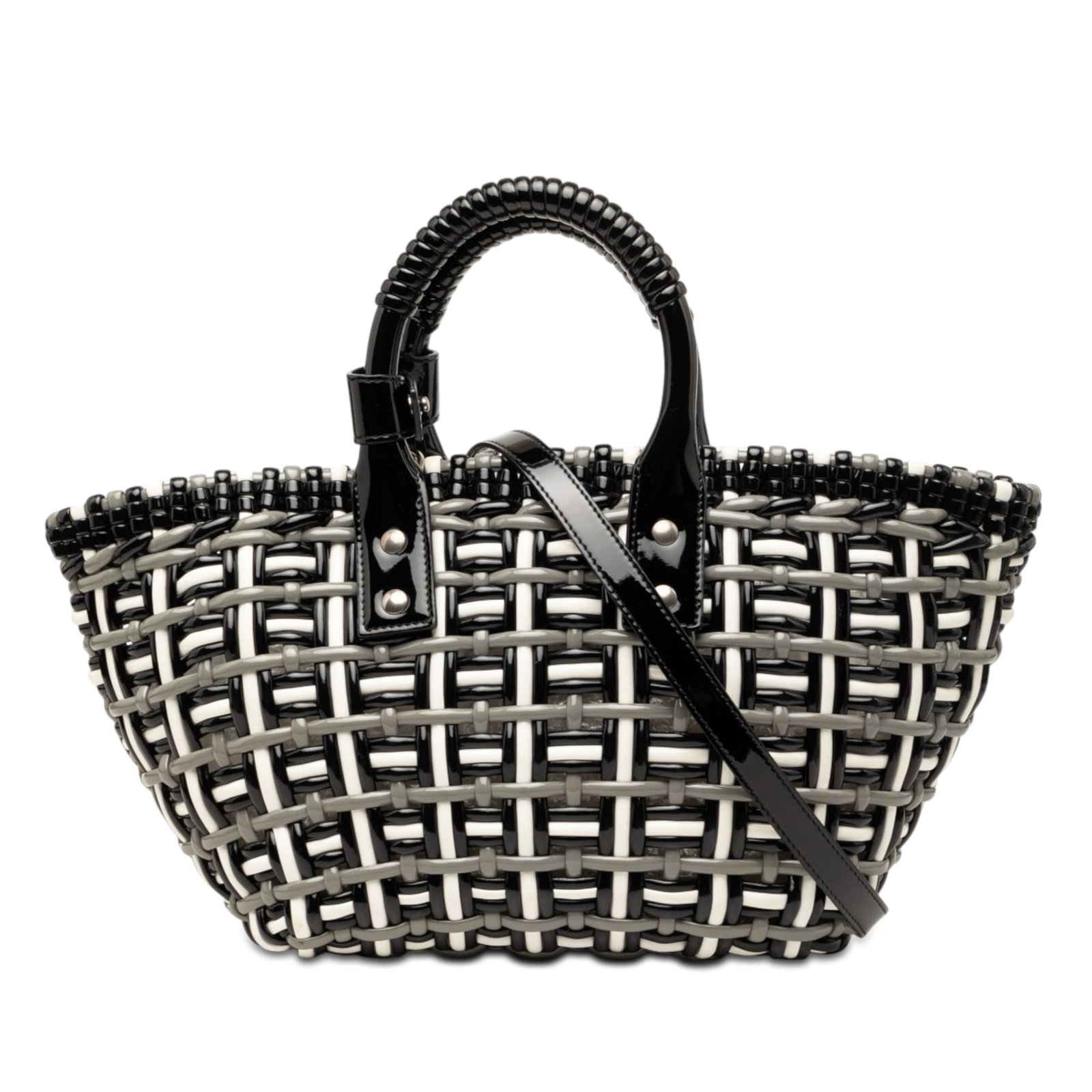 Balenciaga XS Faux Leather Bistro Basket Satchel Gray: Balenciaga XS Faux Leather Bistro Basket Satchel Gray Balenciaga Faux Leather Bistro Basket Bag XS satchel in gray, made in Italy. It features a braided faux leather body, rolled handles, a detachable