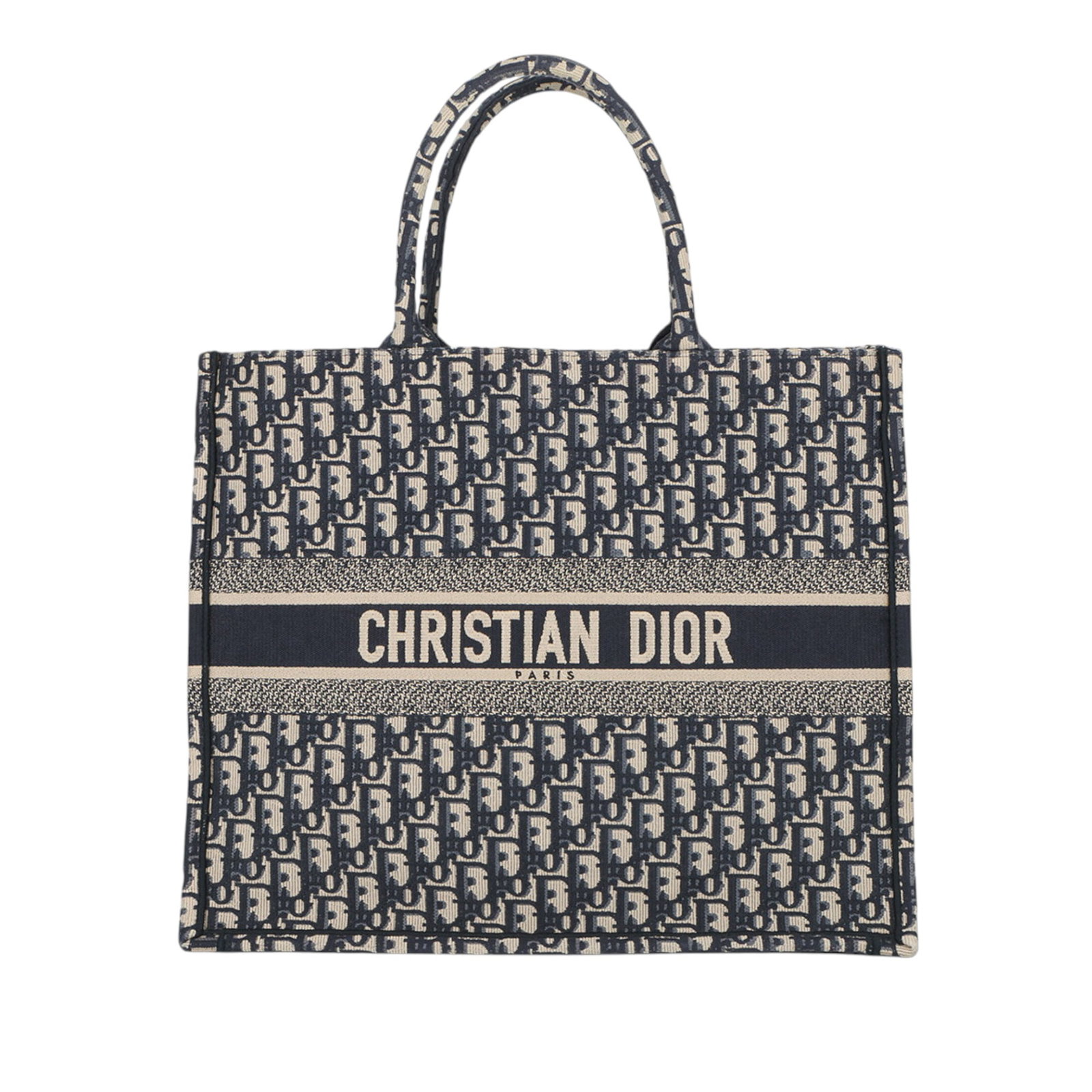 Dior Oblique Book Tote Large Blue Embroidered Canvas Bag: Dior Oblique Book Tote Large Blue Embroidered Canvas Bag This Dior Large Oblique Embroidered Canvas Book Tote is a blue fabric bag made in Italy. It features a canvas body, rolled canvas handles, and 