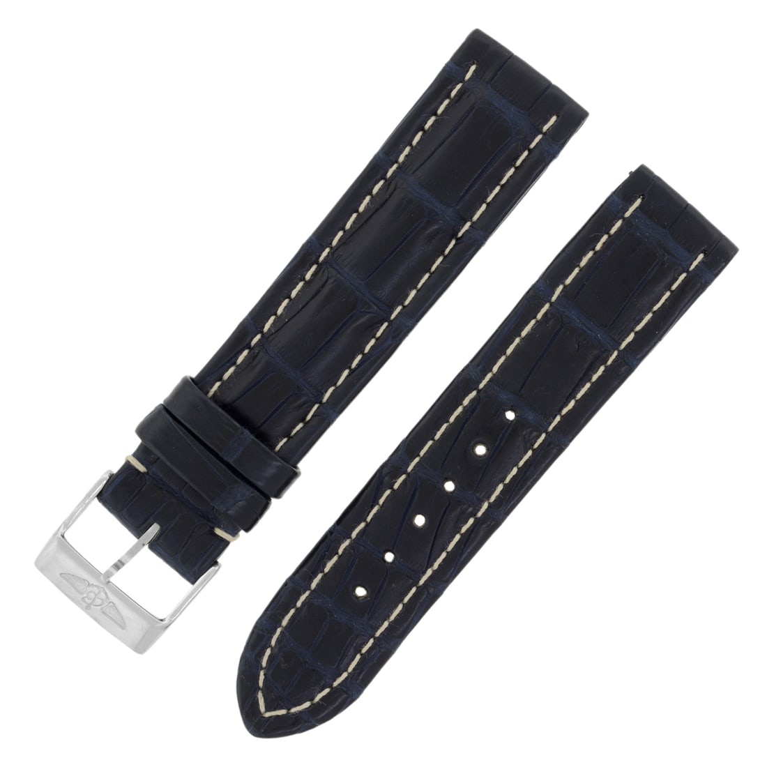 Breitling Ladies Dark Blue Alligator Leather Watch Band 18mm: Breitling Ladies Dark Blue Alligator Leather Watch Band 18mm Enhance your timepiece with this exquisite Breitling watch band, crafted from 100% genuine alligator leather in a sophisticated dark blue h