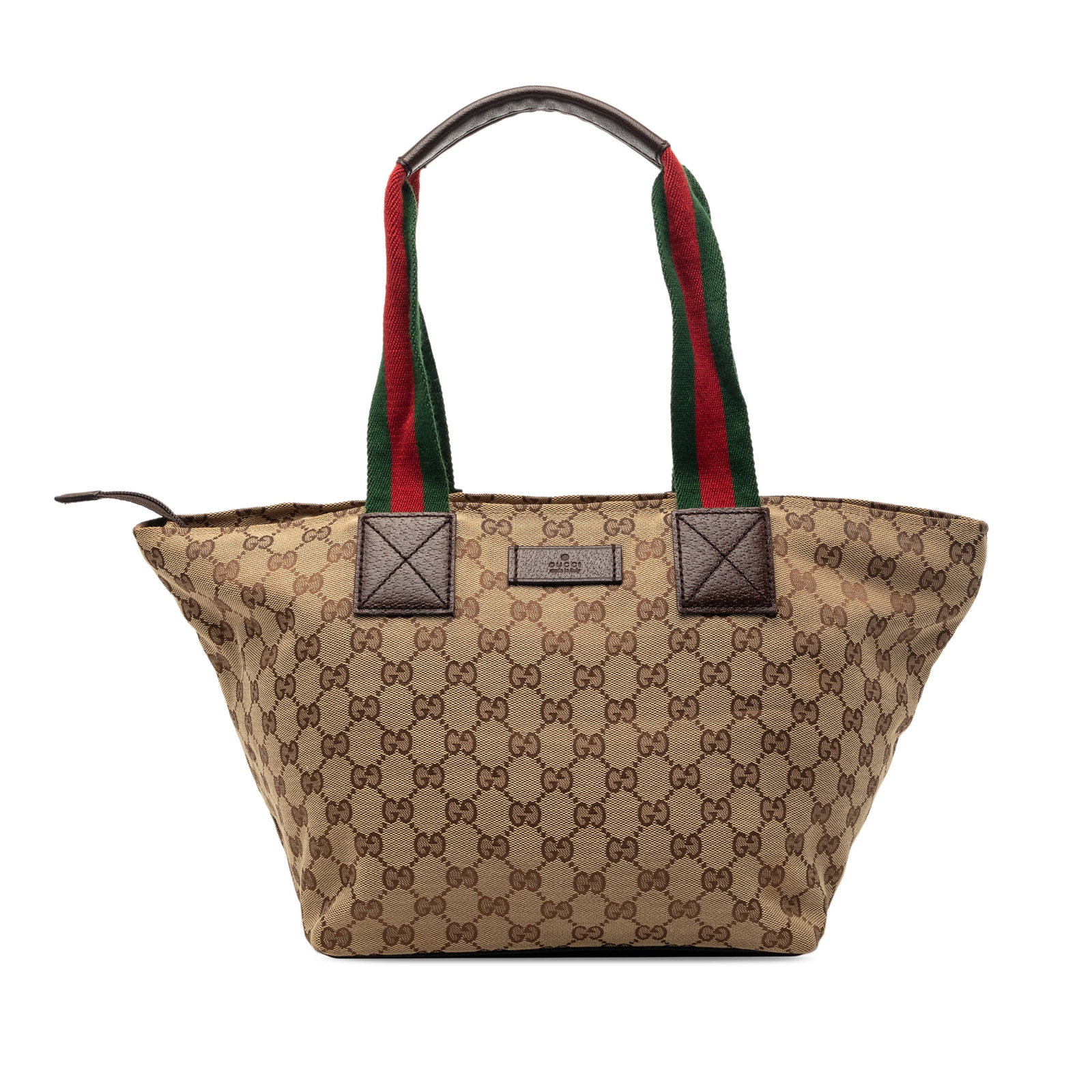 Gucci Beige GG Canvas Tote Bag with Leather Trim and Web Handles: Gucci Beige GG Canvas Tote Bag with Leather Trim and Web Handles This Gucci GG Canvas Web Tote features a beige canvas body with leather trim, flat nylon handles, a top zip closure, and both interior 