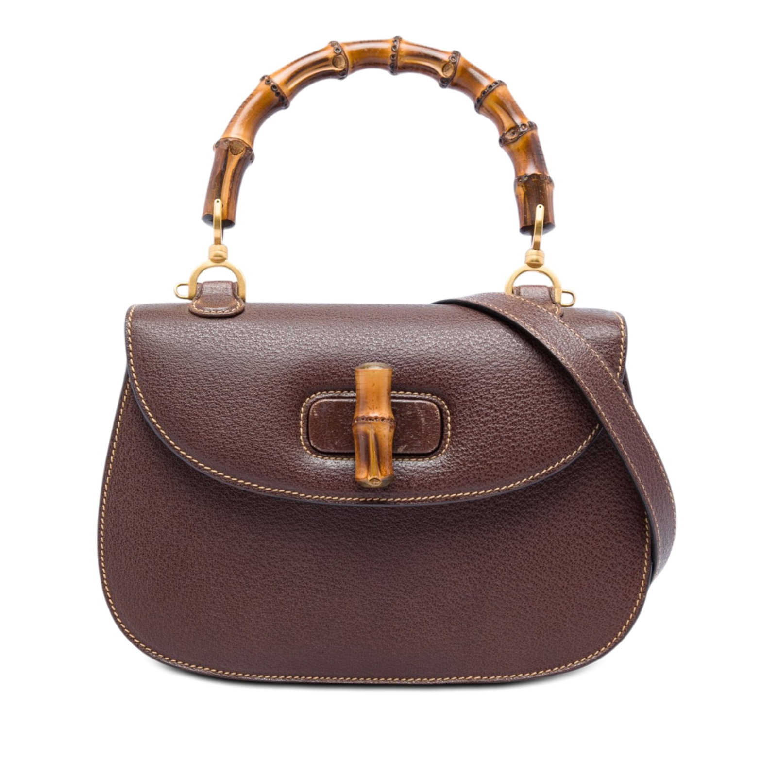 Gucci Bamboo Night Brown Grained Calfskin Leather Shoulder Bag: Gucci Bamboo Night Brown Grained Calfskin Leather Shoulder Bag Gucci Bamboo Night bag in grained calfskin with a leather body and brown color. It features a bamboo top handle, a detachable flat leathe