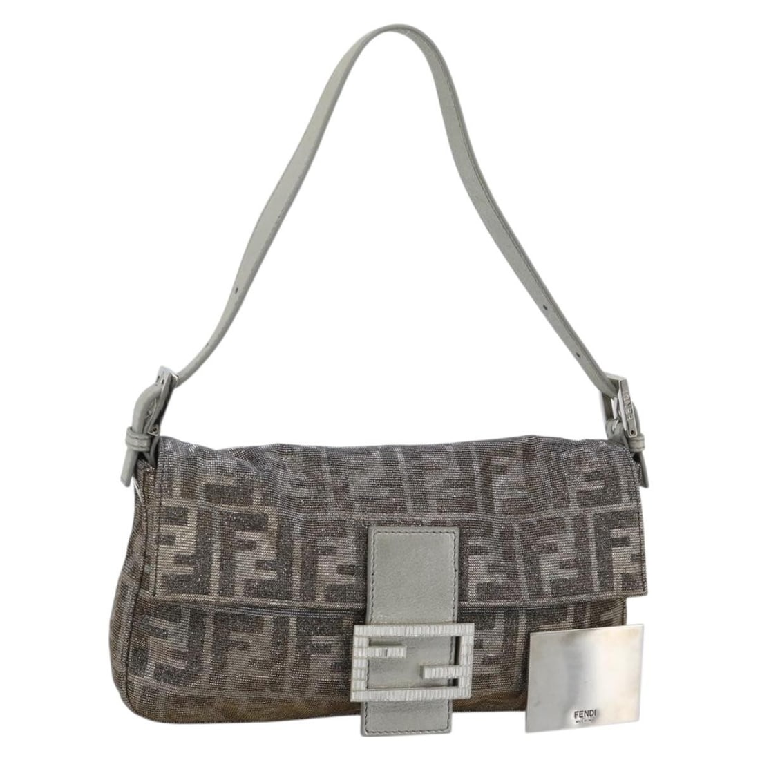 Fendi Mamma Baguette Shoulder Bag Zucca Canvas Silver Rhinestone: Fendi Mamma Baguette Shoulder Bag Zucca Canvas Silver Rhinestone Fendi Mamma Baguette shoulder bag in Zucca canvas with a silver exterior. It is made in Italy and comes with a dust bag and mirror. The