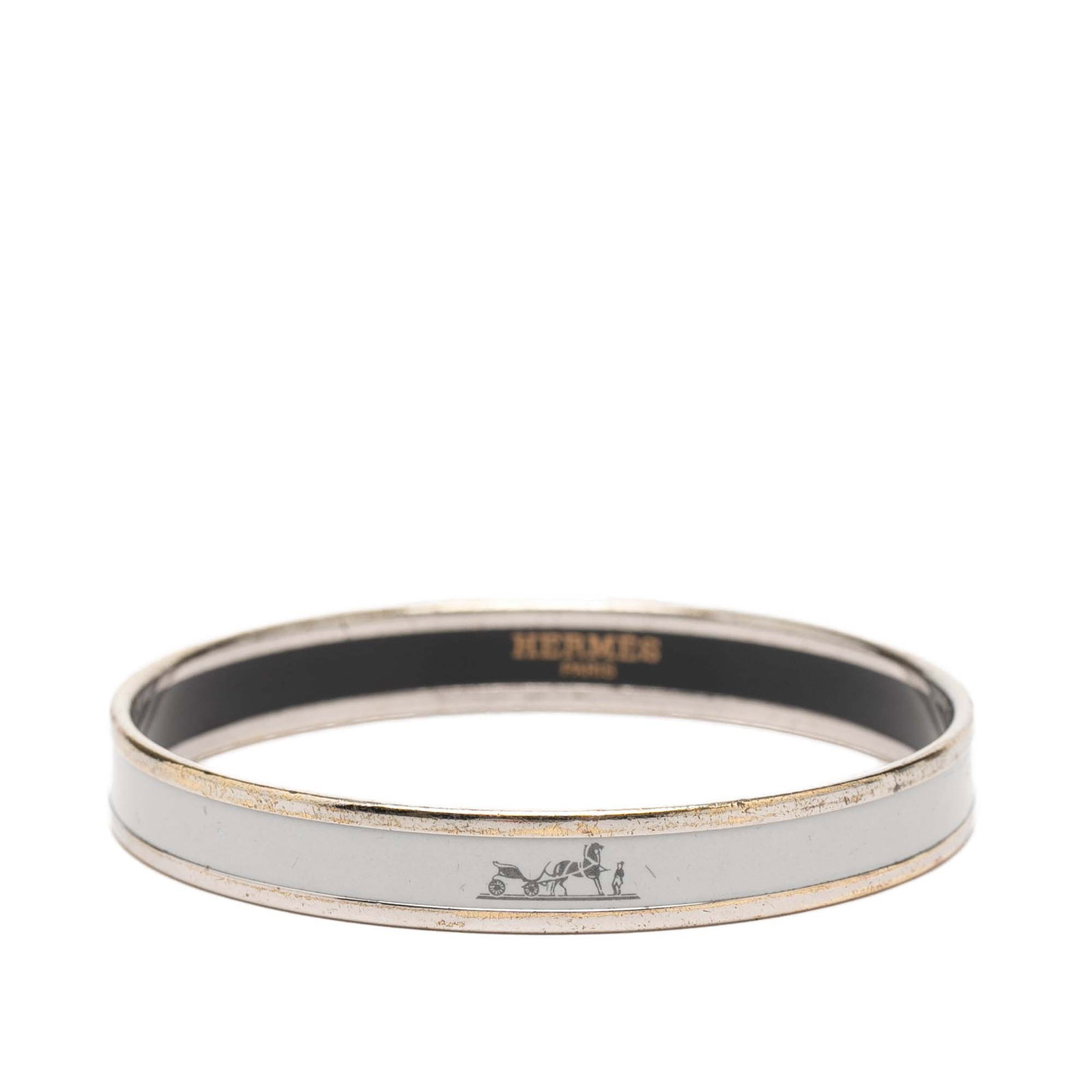 Hermes Caleche White Enamel Palladium Plated Narrow Bangle Bracelet 70: Hermes Caleche White Enamel Palladium Plated Narrow Bangle Bracelet 70 This Hermes Narrow Caleche Enamel Bangle 70 features a printed enamel design and a palladium-plated body. The bracelet is crafted