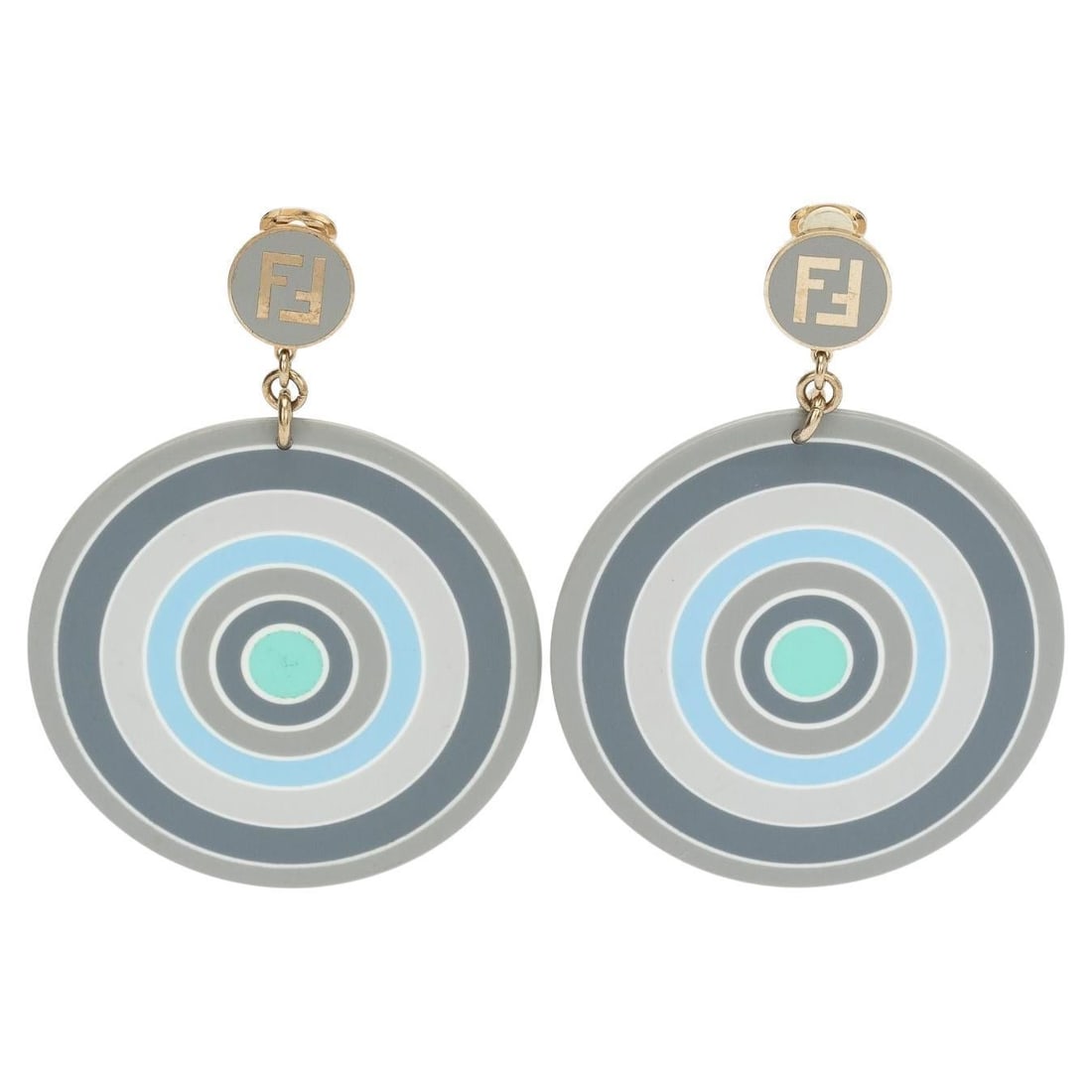 Fendi Vintage Grey Blue Large Dangle Clip Earrings 2000: Fendi Vintage Grey Blue Large Dangle Clip Earrings 2000 These stunning vintage Fendi clip earrings feature a stylish grey and blue color scheme, perfect for adding a touch of elegance to any outfit. C
