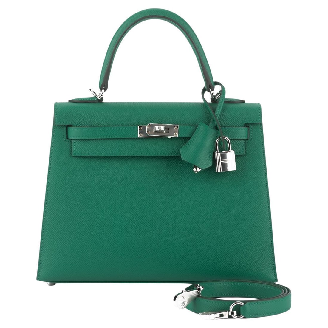 Hermes Kelly Sellier 25 Vert Jade Epsom Leather Handbag: Hermes Kelly Sellier 25 Vert Jade Epsom Leather Handbag Introducing the exquisite Hermes Epsom Kelly Sellier 25 in a stunning Vert Jade color. Crafted from premium Epsom calfskin leather, this handbag