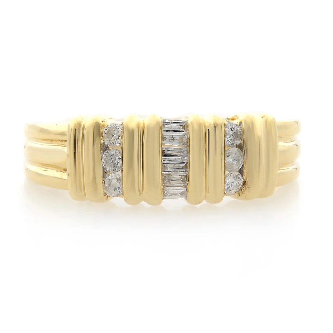 Rachel Koen 0.25Cttw Diamond Band Ring 14K Yellow Gold Adjustable: Rachel Koen 0.25Cttw Diamond Band Ring 14K Yellow Gold Adjustable This exquisite Rachel Koen band ring showcases a stunning array of baguette and round brilliant cut diamonds, totaling 0.25 carats, be