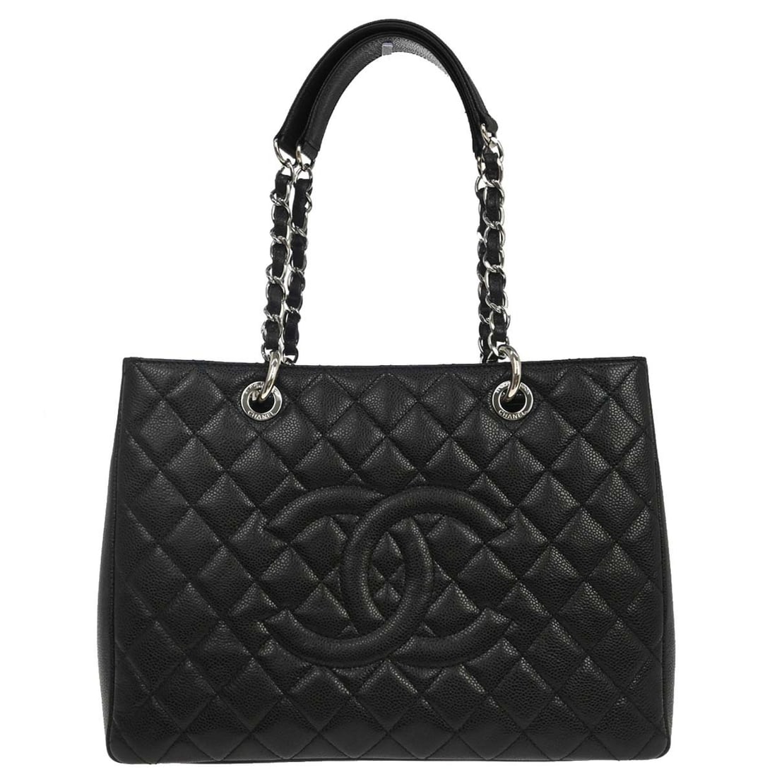 CHANEL GST Grand Shopping Tote Black Calfskin Chain Bag: CHANEL GST Grand Shopping Tote Black Calfskin Chain Bag Chanel Grand Shopping Tote GST chain handbag in black caviar skin leather. This large women's tote features double handles, logo accents, an out