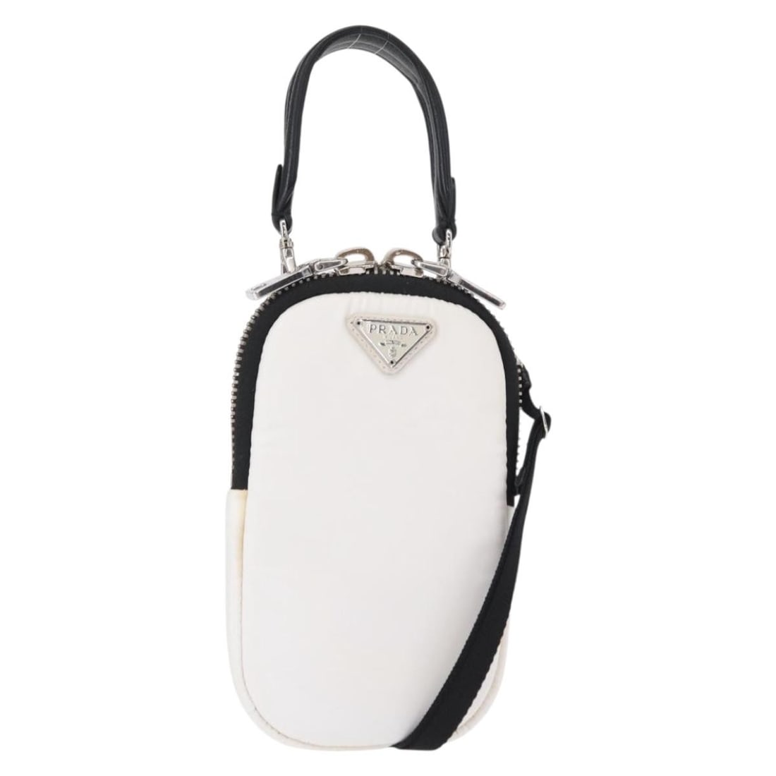 PRADA White Silver Nylon 2way Shoulder Bag with Pouch: PRADA White Silver Nylon 2way Shoulder Bag with Pouch This PRADA shoulder bag is crafted from nylon in a white and silver color combination. It features a 2-way design and comes with a pouch accessory