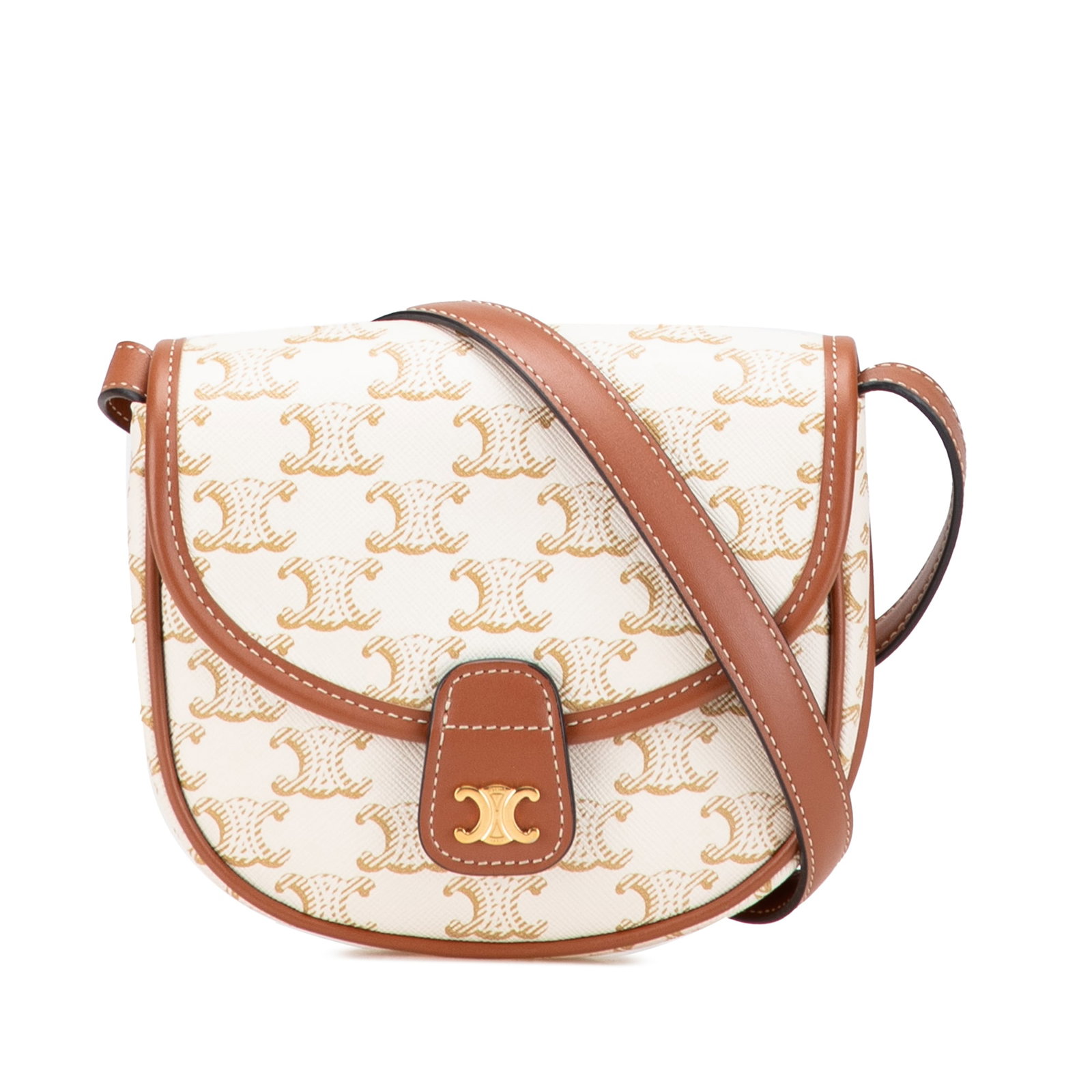 Celine Mini Triomphe White Coated Canvas Crossbody Bag: Celine Mini Triomphe White Coated Canvas Crossbody Bag The Celine Mini Triomphe Coated Canvas Besace Crossbody is a stylish accessory crafted from durable coated canvas with leather trim. It features 