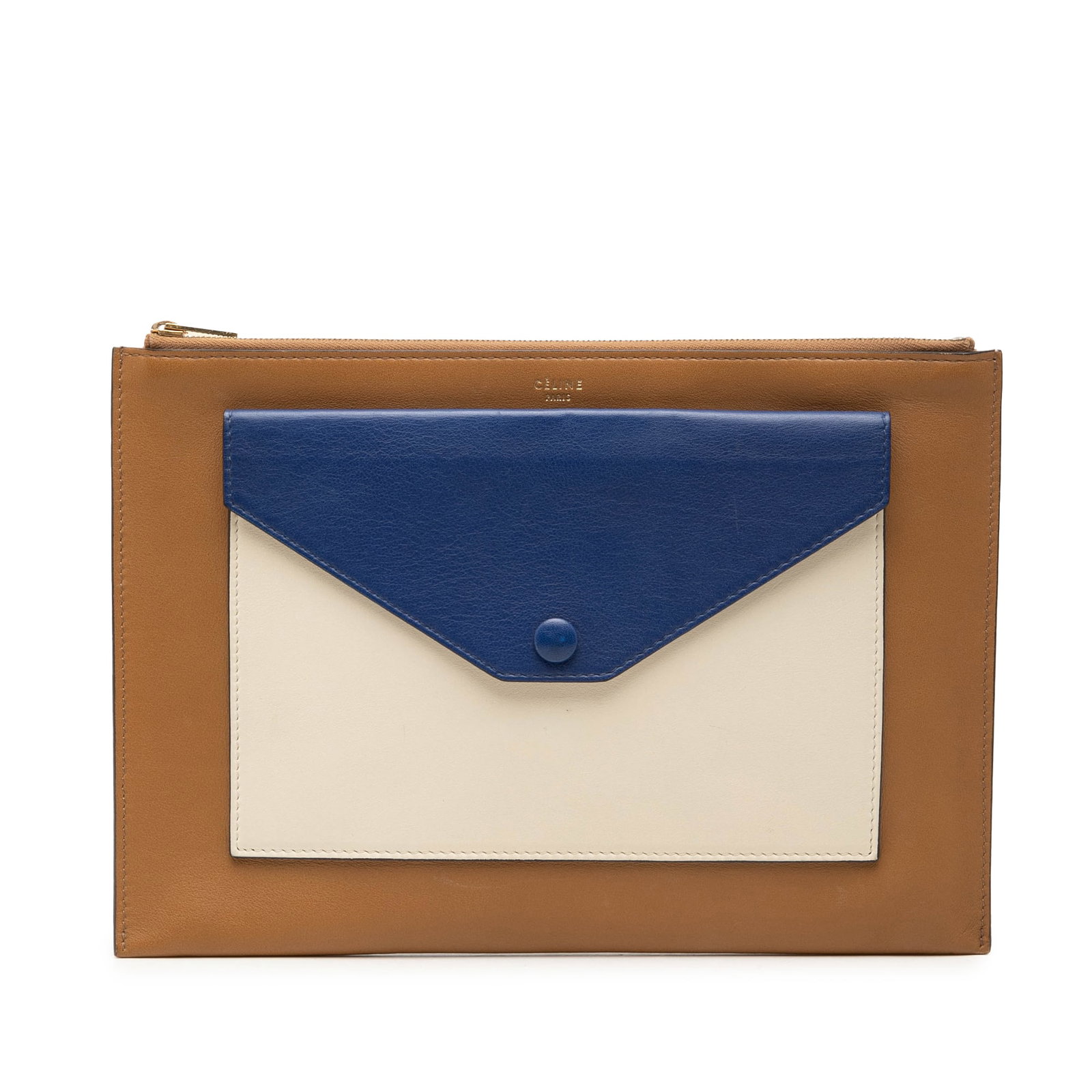 Celine Pocket Envelope Zip Clutch in Tricolor Leather: Celine Pocket Envelope Zip Clutch in Tricolor Leather This is a Celine Tricolor Leather Pocket Envelope Zip Clutch made in Italy. It features a tricolor calf leather body, top zip closure, exterior fr