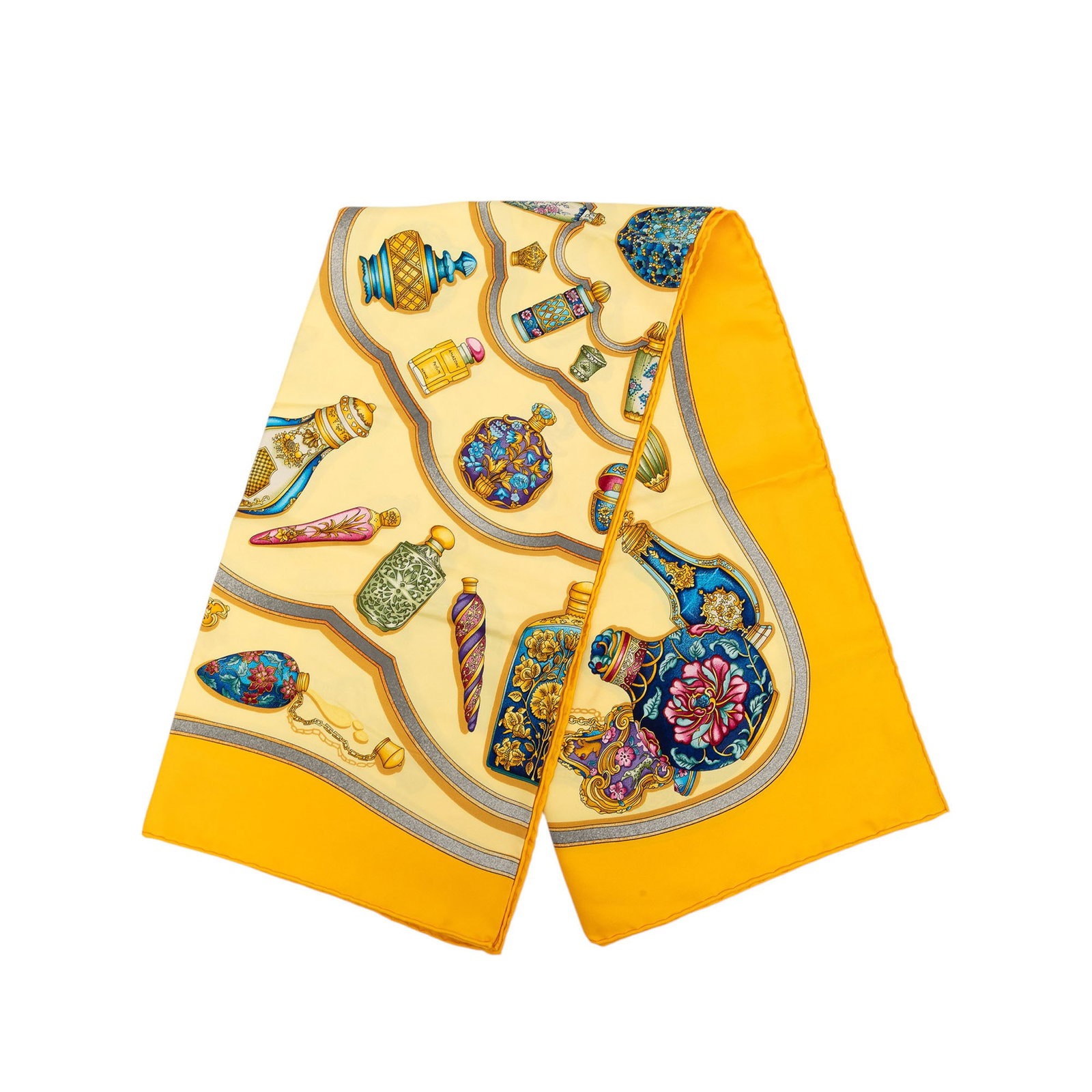 Hermes Qu Importe Le Flacon 90 Silk Scarf Yellow: Hermes Qu Importe Le Flacon 90 Silk Scarf Yellow Hermes Qu Importe Le Flacon Silk Scarf 90 in yellow, featuring the Qu Importe Le Flacon print on 100% silk. Made in France and categorized as an access