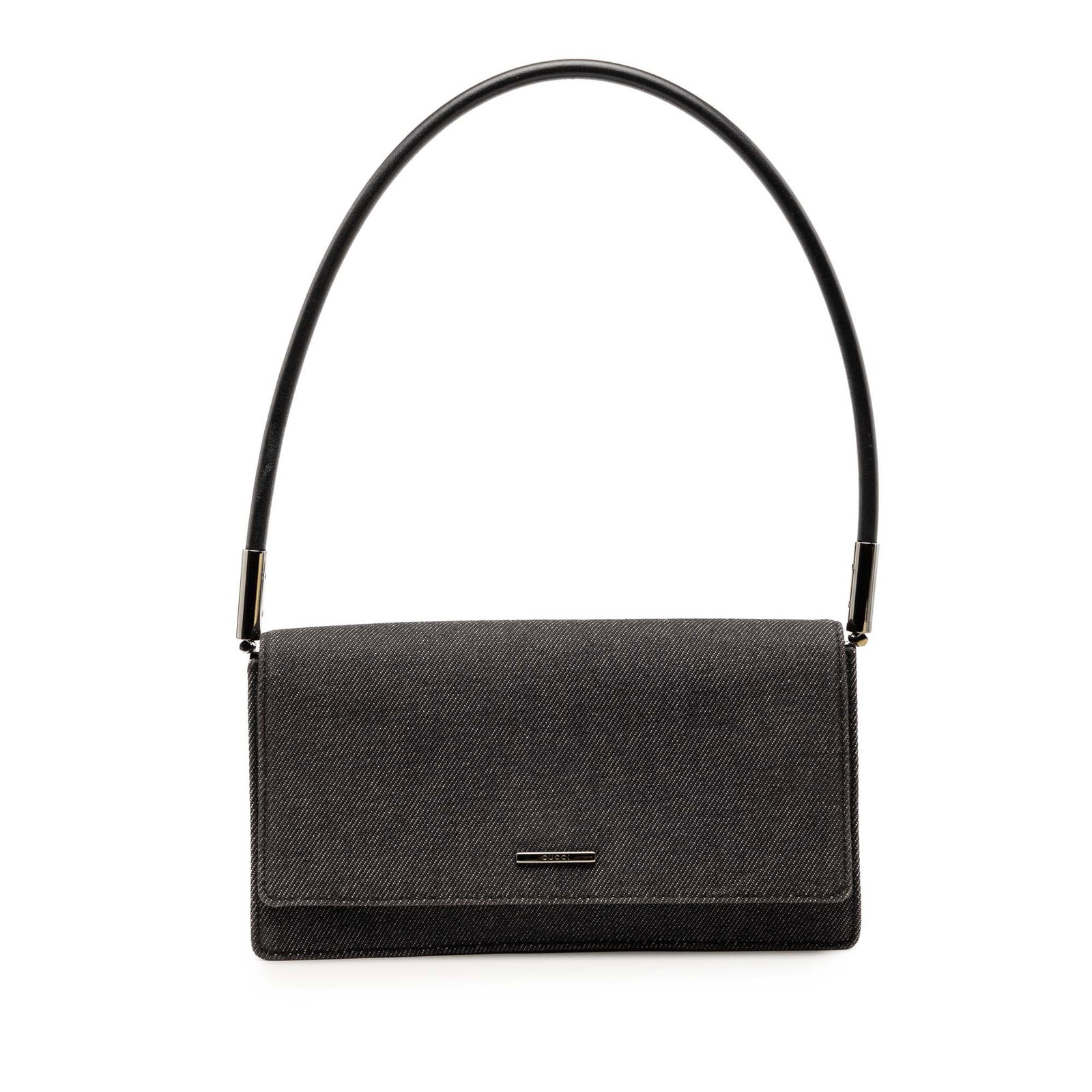 Gucci Black Denim Shoulder Purse with Leather Trim and Flap Closure: Gucci Black Denim Shoulder Purse with Leather Trim and Flap Closure This Gucci shoulder bag features a denim body with leather trim, a flat leather strap, a top flap with magnetic closure, and an inte