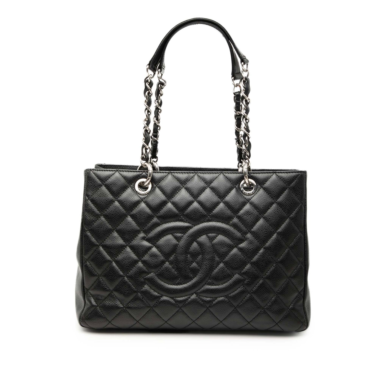 Chanel Caviar Leather Grand Shopping Tote Bag: Chanel Caviar Leather Grand Shopping Tote Bag This Chanel Caviar Grand Shopping Tote features a quilted black Caviar leather body with leather-woven chain link shoulder straps. The bag includes an ope