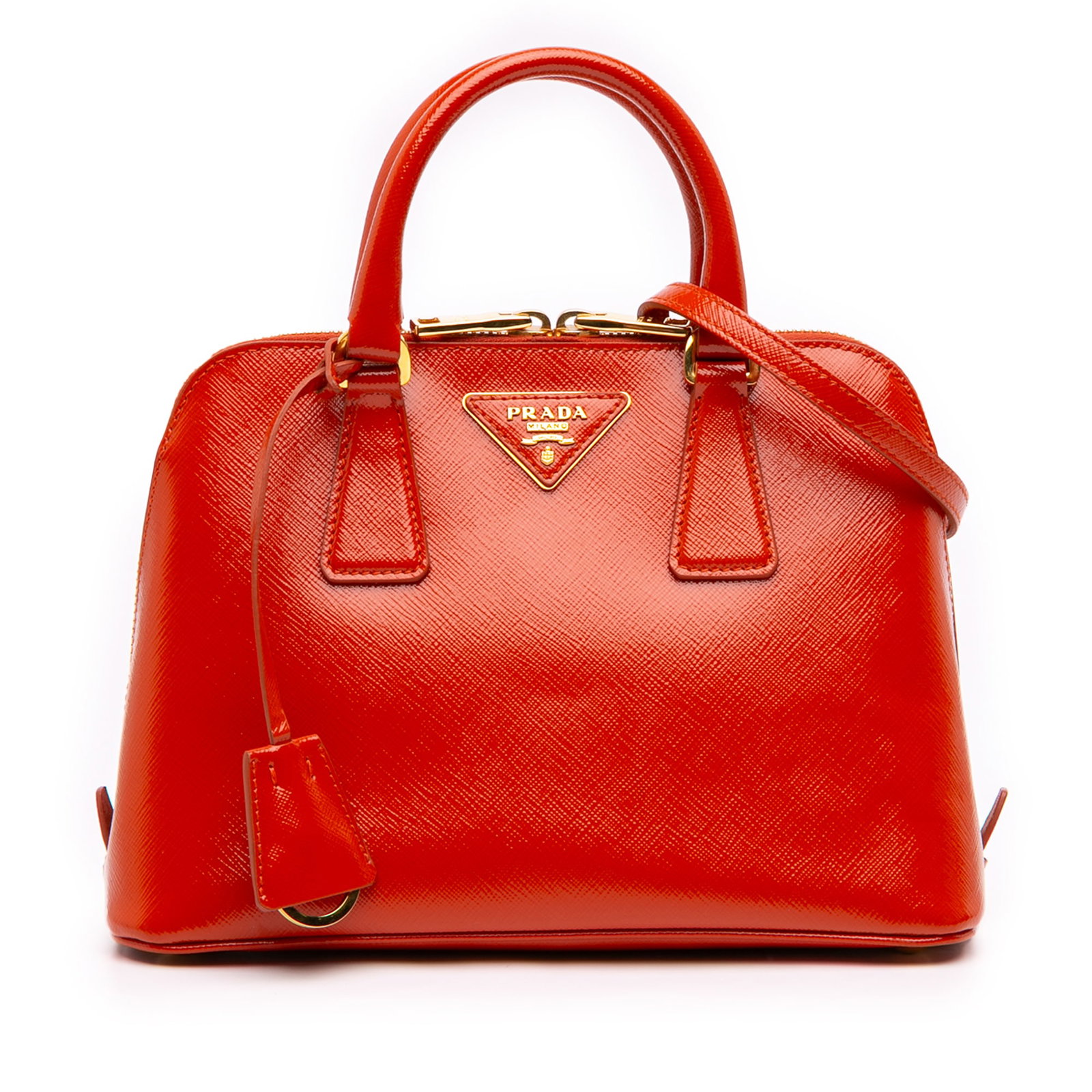 Prada Promenade saffiano leather satchel orange: Prada Promenade saffiano leather satchel orange This Prada Small Saffiano Vernice Promenade Satchel is crafted from saffiano leather in a vibrant orange hue. It features rolled leather handles, an adj