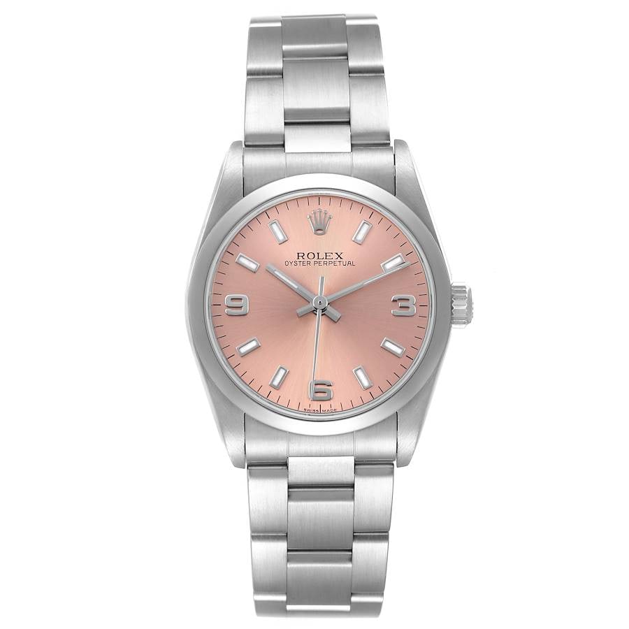 Ladies Rolex Oyster Perpetual Ref 77080 Salmon Arabic Dial Watch: Ladies Rolex Oyster Perpetual Ref 77080 Salmon Arabic Dial Watch Rolex Oyster Perpetual ladies watch with a salmon dial featuring Arabic numerals at 3, 6, and 9, paired with an Oyster bracelet and smo
