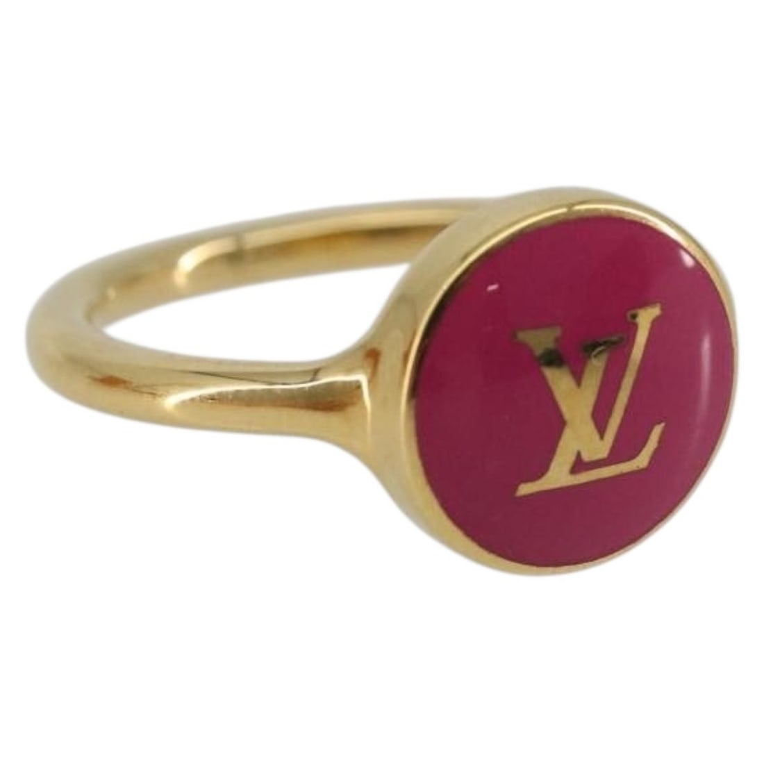 Louis Vuitton M1921L Confetti Metal Ring Fuchsia Gold Tone Size 18: Louis Vuitton M1921L Confetti Metal Ring Fuchsia Gold Tone Size 18 Louis Vuitton LV Confetti Ring in metal with a fuchsia and gold tone finish. The ring is size #18 (JP size) and is described as being