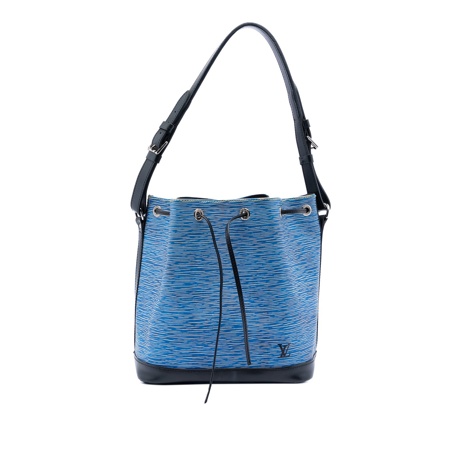 Louis Vuitton Epi Denim Petit Noe Blue Leather Shoulder Bag: Louis Vuitton Epi Denim Petit Noe Blue Leather Shoulder Bag This Louis Vuitton Epi Denim Petit Bicolor Noe features a blue epi leather body, a flat leather handle, an open top with lobster clasp closu