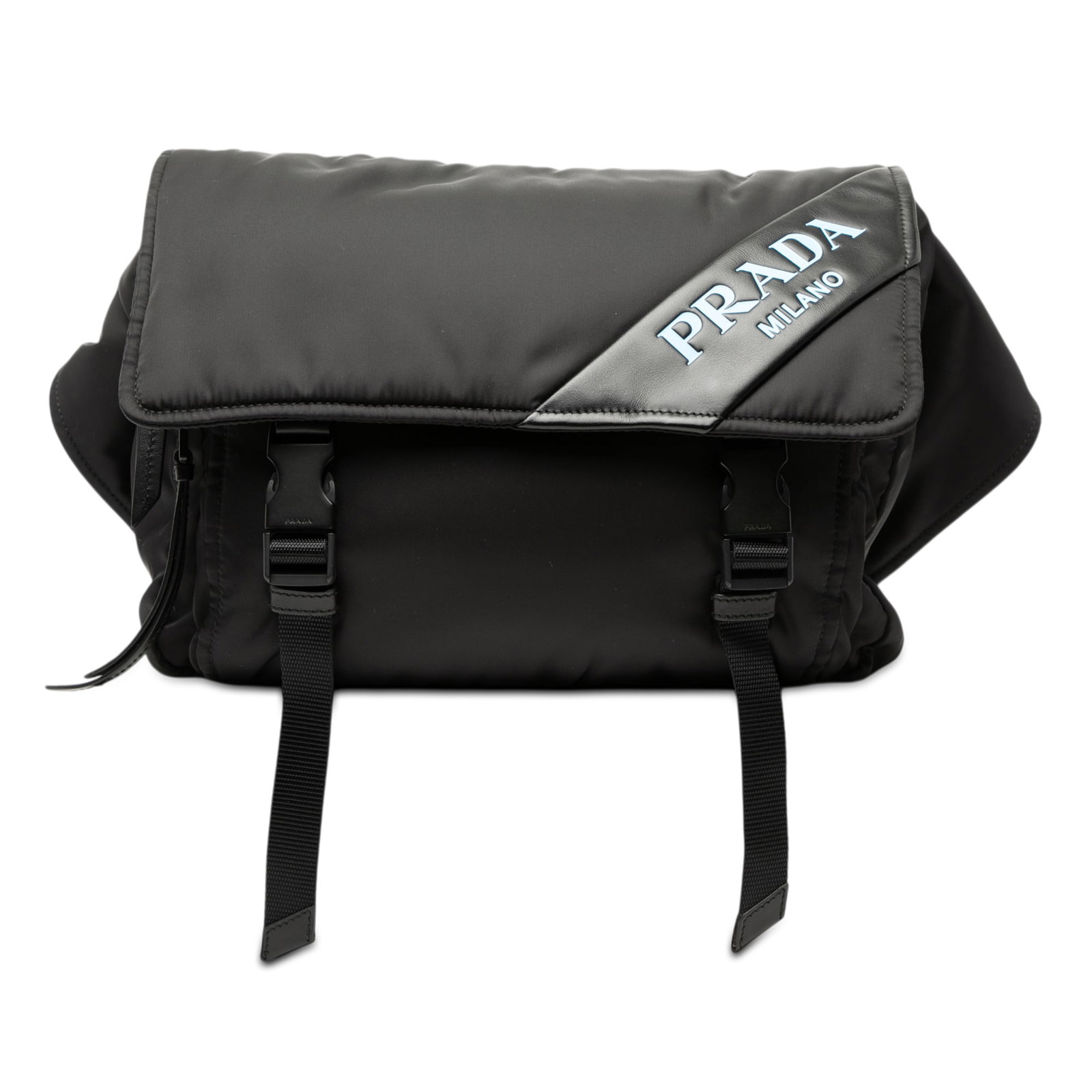 Black Tessuto Belt Bag with Leather Trim and Double Buckle by Prada: Black Tessuto Belt Bag with Leather Trim and Double Buckle by Prada This Prada Soft Calf Trimmed Tessuto Double Buckle Belt Bag features a durable nylon body accented with leather trim. The design inc