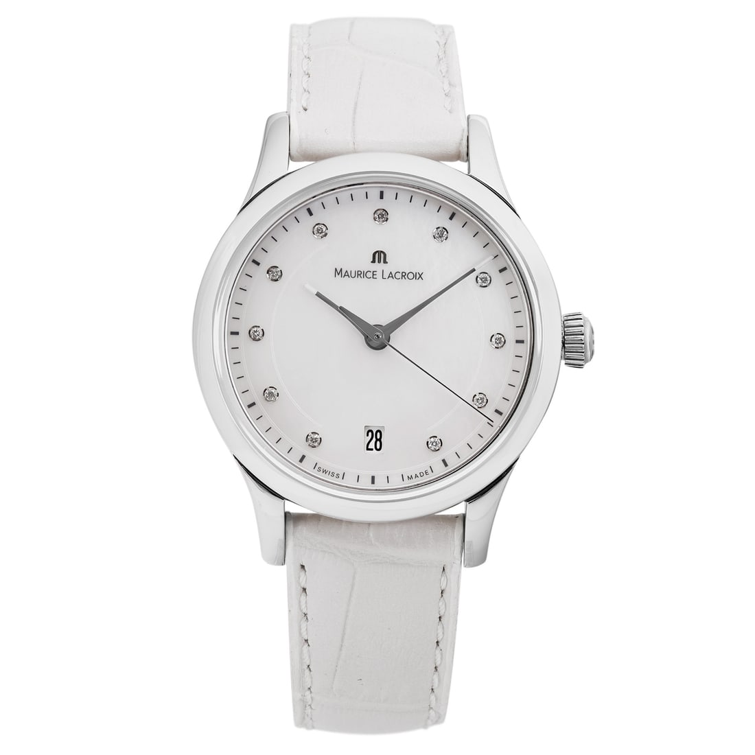 Maurice Lacroix Les Classiques Date 33mm MOP Dial Swiss Watch with Box and Papers: Maurice Lacroix Les Classiques Date 33mm MOP Dial Swiss Watch with Box and Papers This Maurice Lacroix Les Classiques Date wristwatch is a stunning addition to any formal attire. It features a 33 mm r