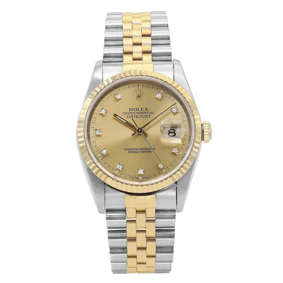 Rolex Datejust 36mm Champagne Diamond Watch 18K Gold Steel Vintage 16233G: Rolex Datejust 36mm Champagne Diamond Watch 18K Gold Steel Vintage 16233G This exquisite Rolex Datejust wristwatch combines elegance and functionality, featuring a 36mm round case crafted from stainle