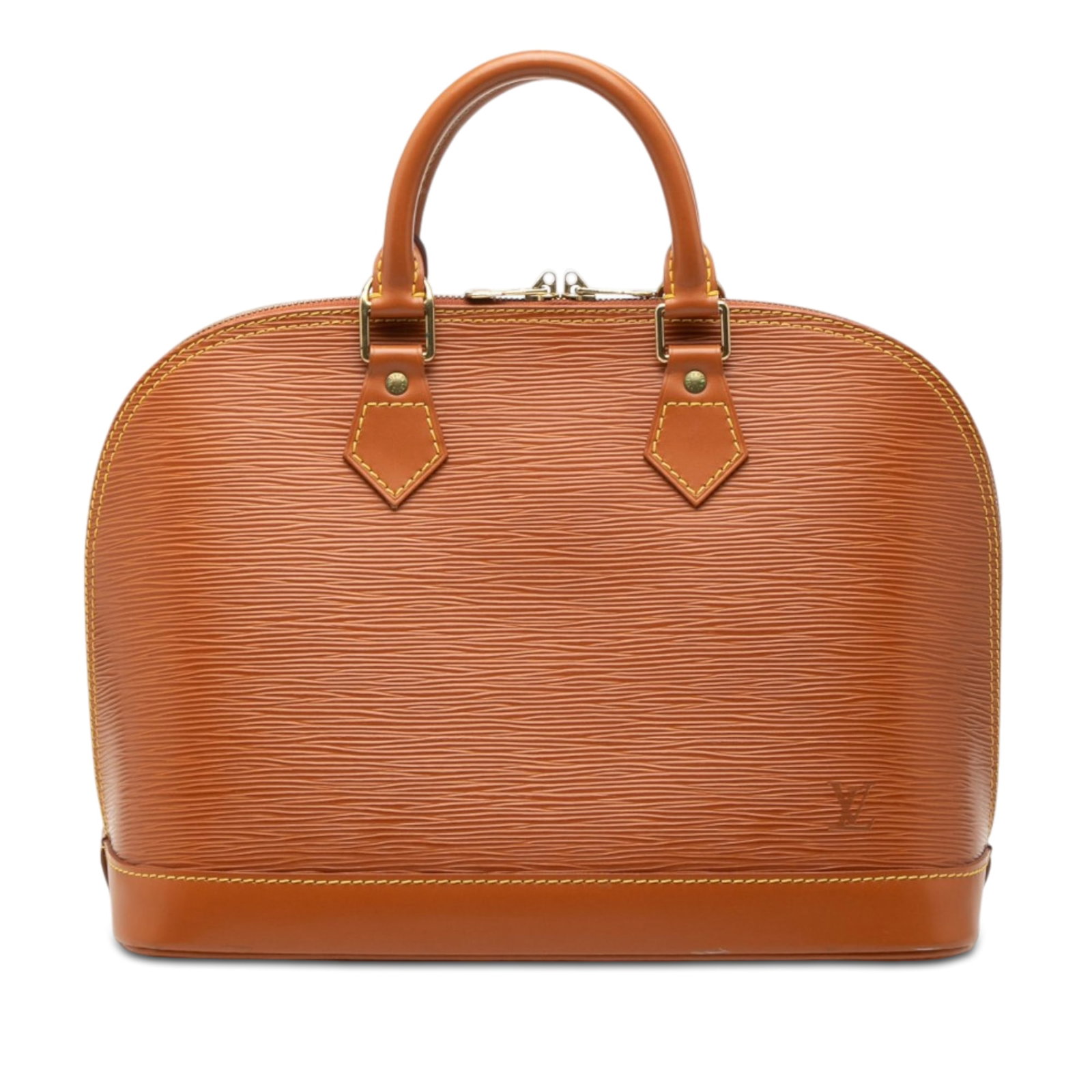 Louis Vuitton Epi Alma PM Brown Leather Handbag: Louis Vuitton Epi Alma PM Brown Leather Handbag This Louis Vuitton Epi Alma PM bag features the signature Epi leather body in brown, rolled leather handles, a top zip closure, and an interior slip poc
