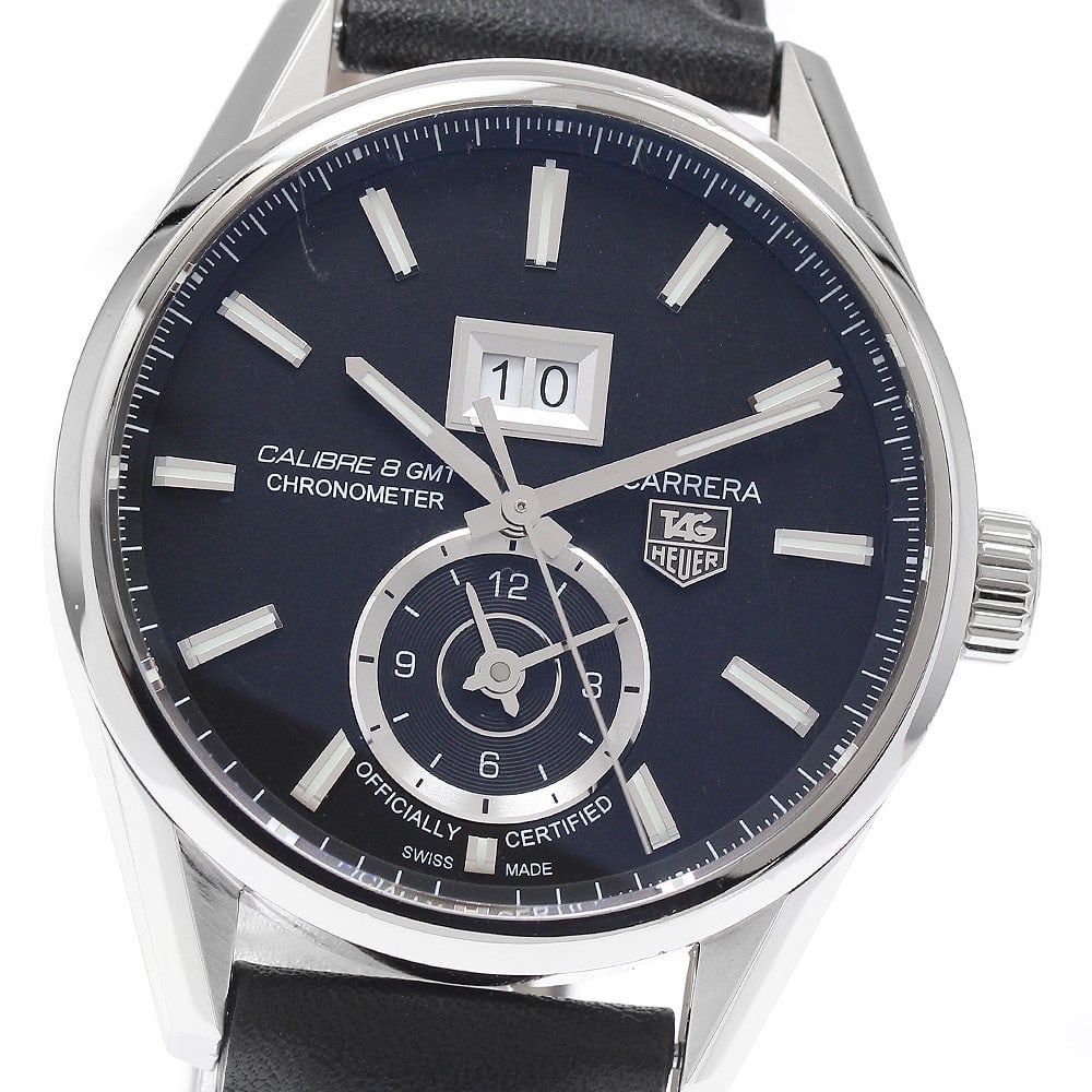 TAG HEUER Carrera WAR5010 Caliber 8 GMT Automatic Mens Wristwatch: TAG HEUER Carrera WAR5010 Caliber 8 GMT Automatic Mens Wristwatch TAG Heuer Carrera Grand Date GMT Caliber 8 automatic men's wristwatch, reference WAR5010. It features a black dial, stainless steel ca