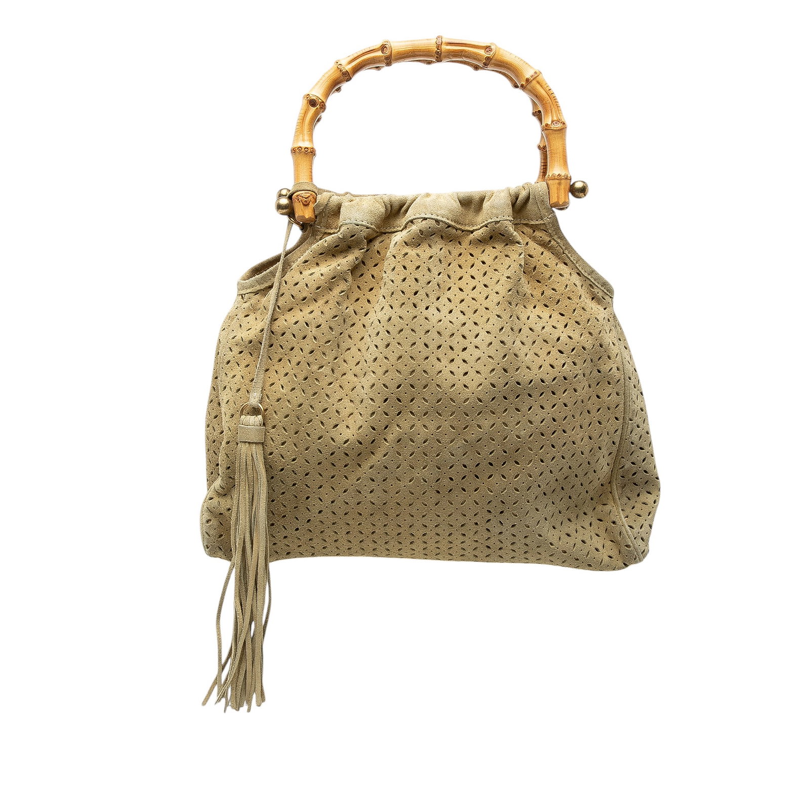Beige Laser Cut Suede Handbag with Bamboo Handles by Miu Miu (1 of 6)