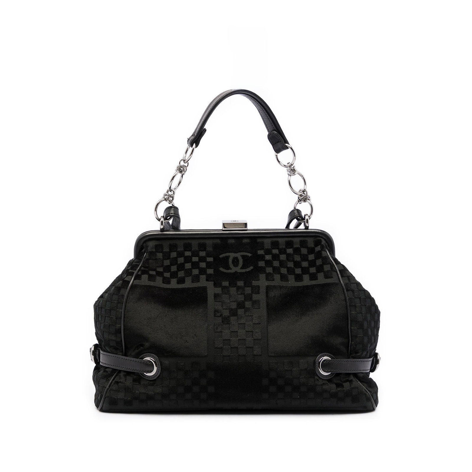 Chanel CC Check Velvet Side Frame Shoulder Bag Black: Chanel CC Check Velvet Side Frame Shoulder Bag Black Shoulder bag with an embossed velvet body, flat leather straps, a top kiss lock closure, and interior zip and slip pockets. It is black and made in