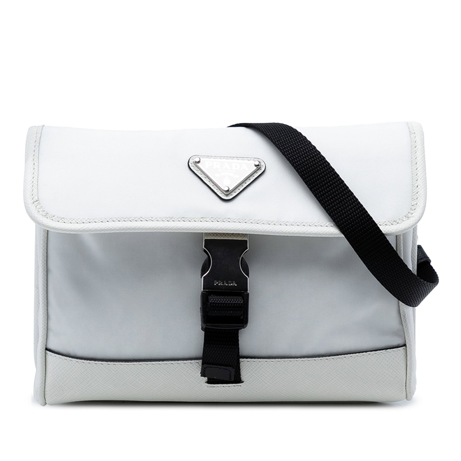 Prada White Re Nylon Crossbody Bag with Saffiano Leather Trim: Prada White Re Nylon Crossbody Bag with Saffiano Leather Trim This Prada crossbody bag features a durable nylon body accented with Saffiano leather trim. Designed with a flat shoulder strap for comfor