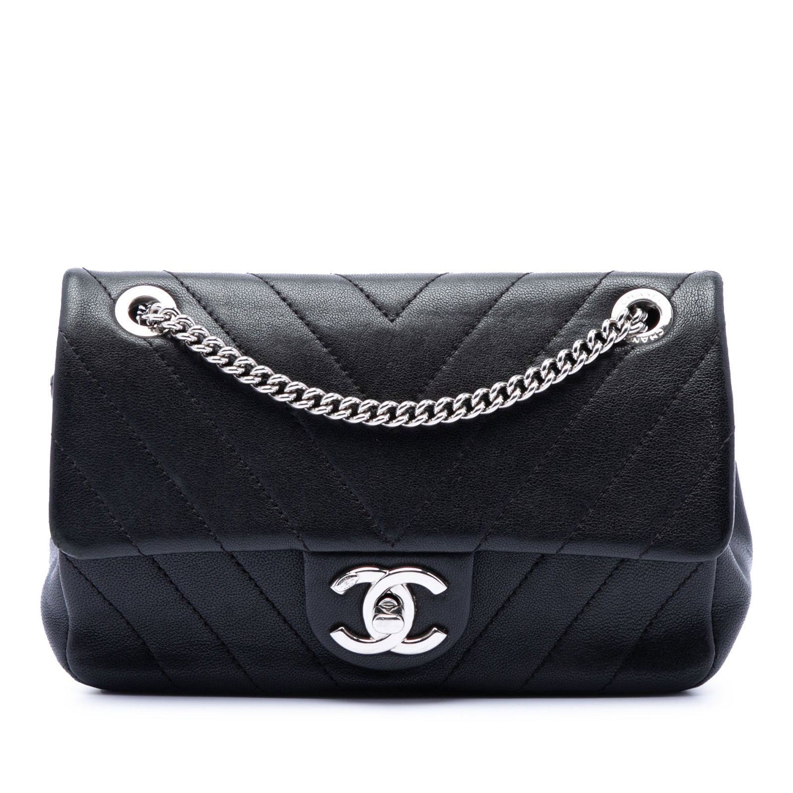 Chanel Mini CC Chevron Calfskin Flap Crossbody Bag: Chanel Mini CC Chevron Calfskin Flap Crossbody Bag This Chanel Mini CC Chevron Calfskin Single Flap crossbody bag is crafted from quilted calf leather in black and features a signature CC turn lock cl