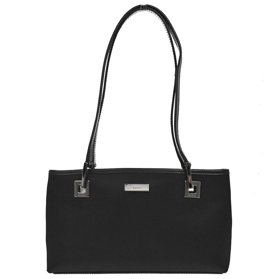 Gucci 002.1130 1669 black satin top handle handbag: Gucci 002.1130 1669 black satin top handle handbag Gucci top handle handbag in black satin and leather, made in Italy. It features a medium size, top handle style, and one inside pocket. The bag is de