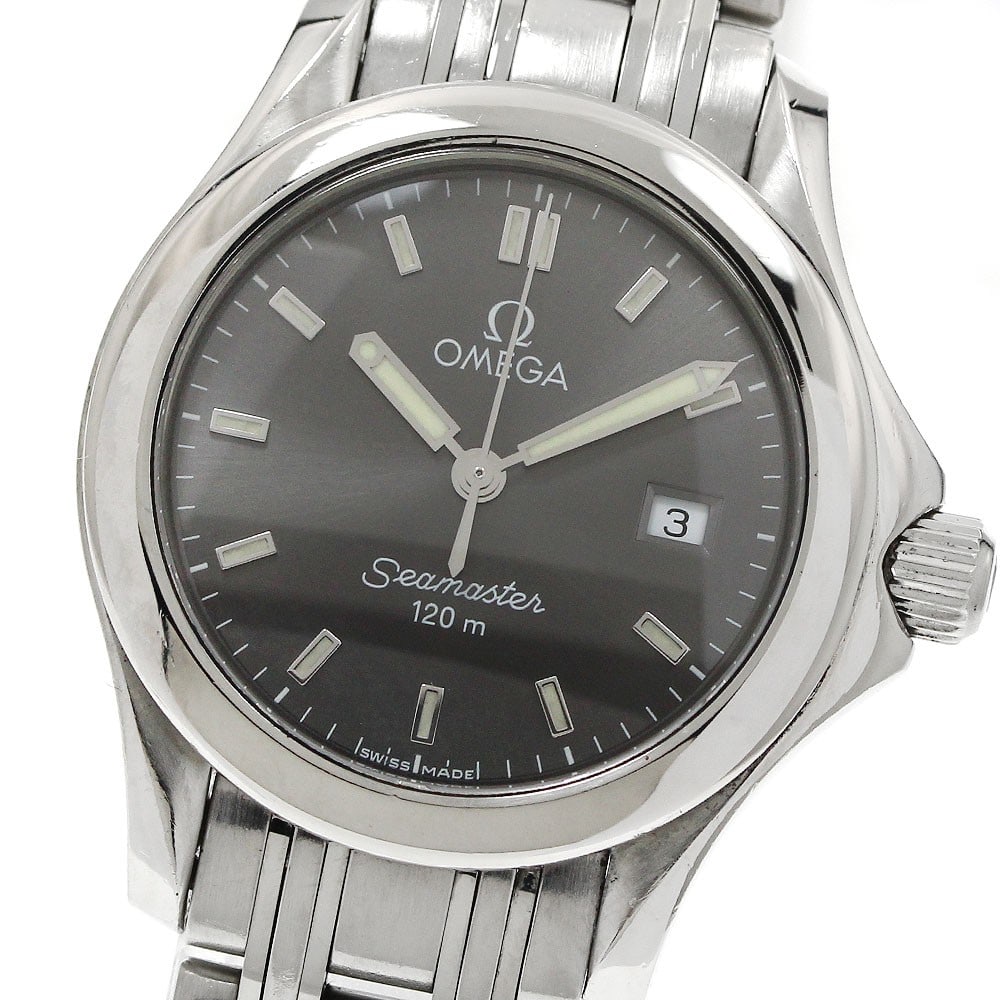 Omega Seamaster 120 Date Quartz Ladies Stainless Steel Watch 2571.43: Omega Seamaster 120 Date Quartz Ladies Stainless Steel Watch 2571.43 This Omega Seamaster 120 Date Quartz ladies wristwatch features a stainless steel case and bracelet with a gray dial. The watch is 