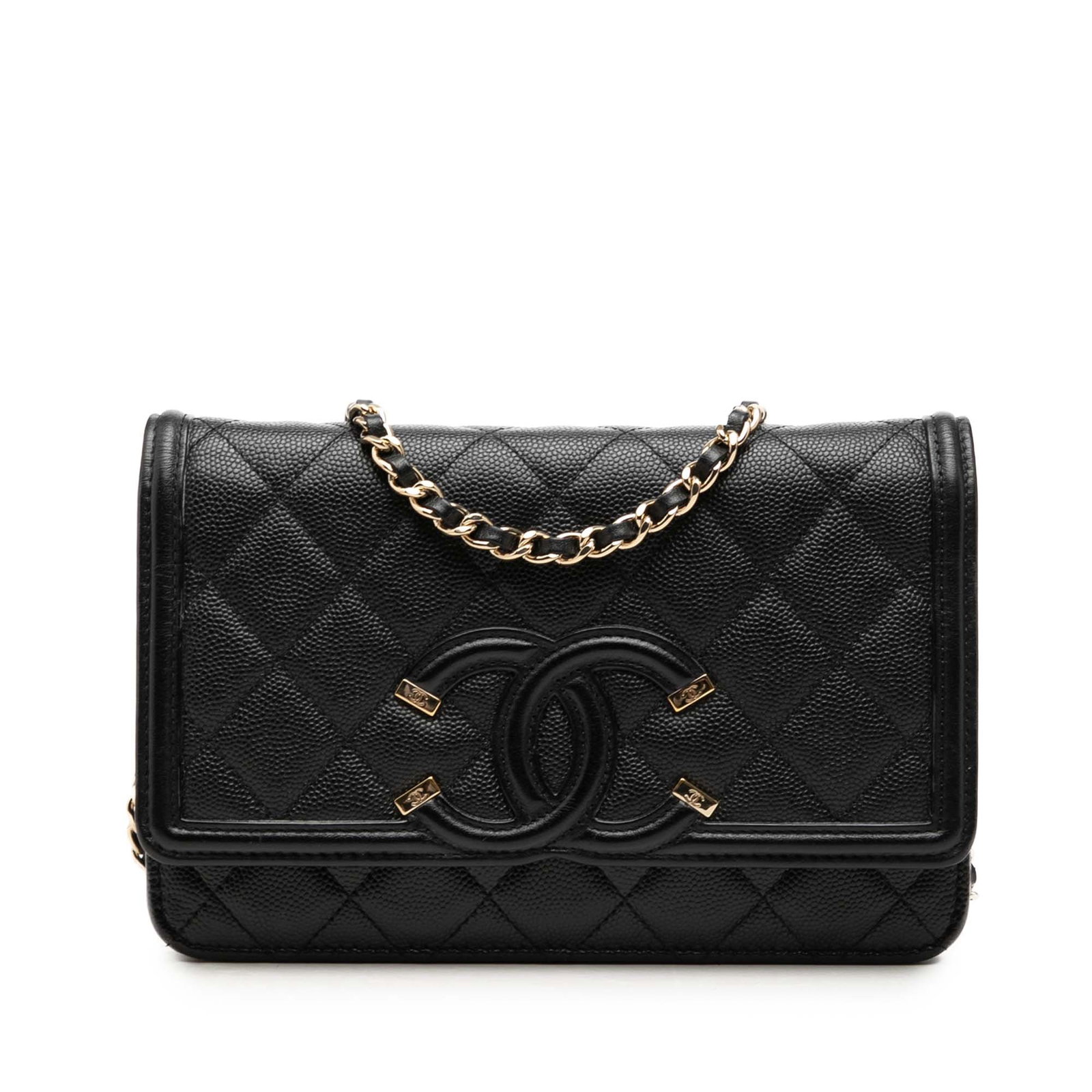 Chanel CC Filigree Wallet on Chain in Black Caviar Leather: Chanel CC Filigree Wallet on Chain in Black Caviar Leather A Chanel Caviar CC Filigree Wallet On Chain in black, crafted from quilted caviar leather with a leather-woven chain link strap. It features 