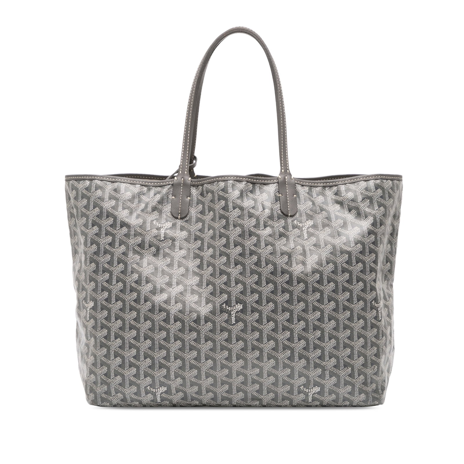 Goyard Saint Louis PM Gray Tote with Leather Trim and Pouch: Goyard Saint Louis PM Gray Tote with Leather Trim and Pouch The Saint Louis PM features a gray coated canvas body with leather trim, flat leather straps, an open top, and an interior pouch. The bag sh
