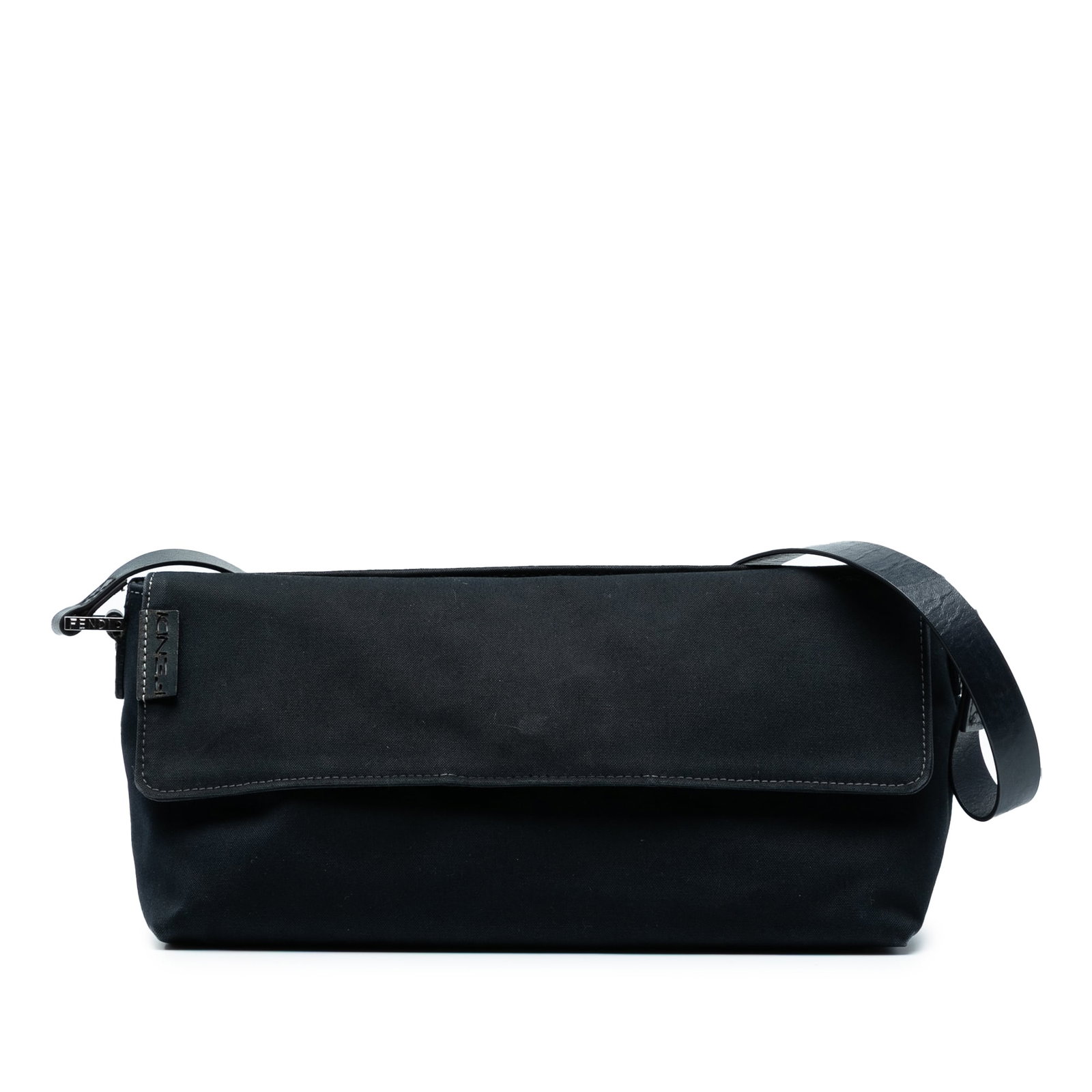 Fendi Baguette Shoulder Bag Black Canvas With Leather Strap: Fendi Baguette Shoulder Bag Black Canvas With Leather Strap This Fendi Canvas Baguette Shoulder Bag features a black canvas body complemented by a flat leather shoulder strap and a front flap with mag