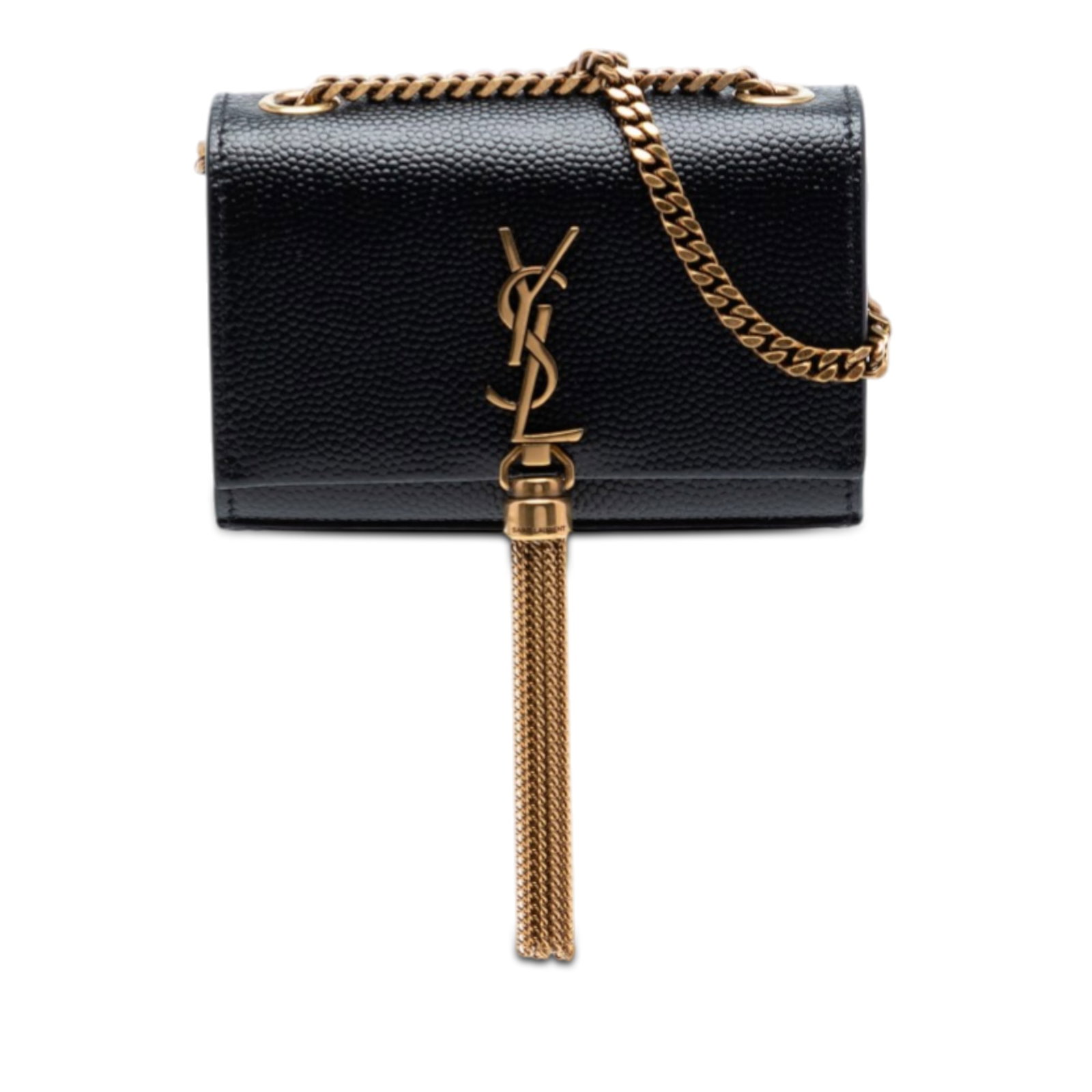 Saint Laurent Kate Tassel Airpods Bag Leather Black: Saint Laurent Kate Tassel Airpods Bag Leather Black This Saint Laurent Grain de Poudre Monogram Kate Tassel Airpods Bag is crafted from black leather and features a signature tassel detail, a chain-li
