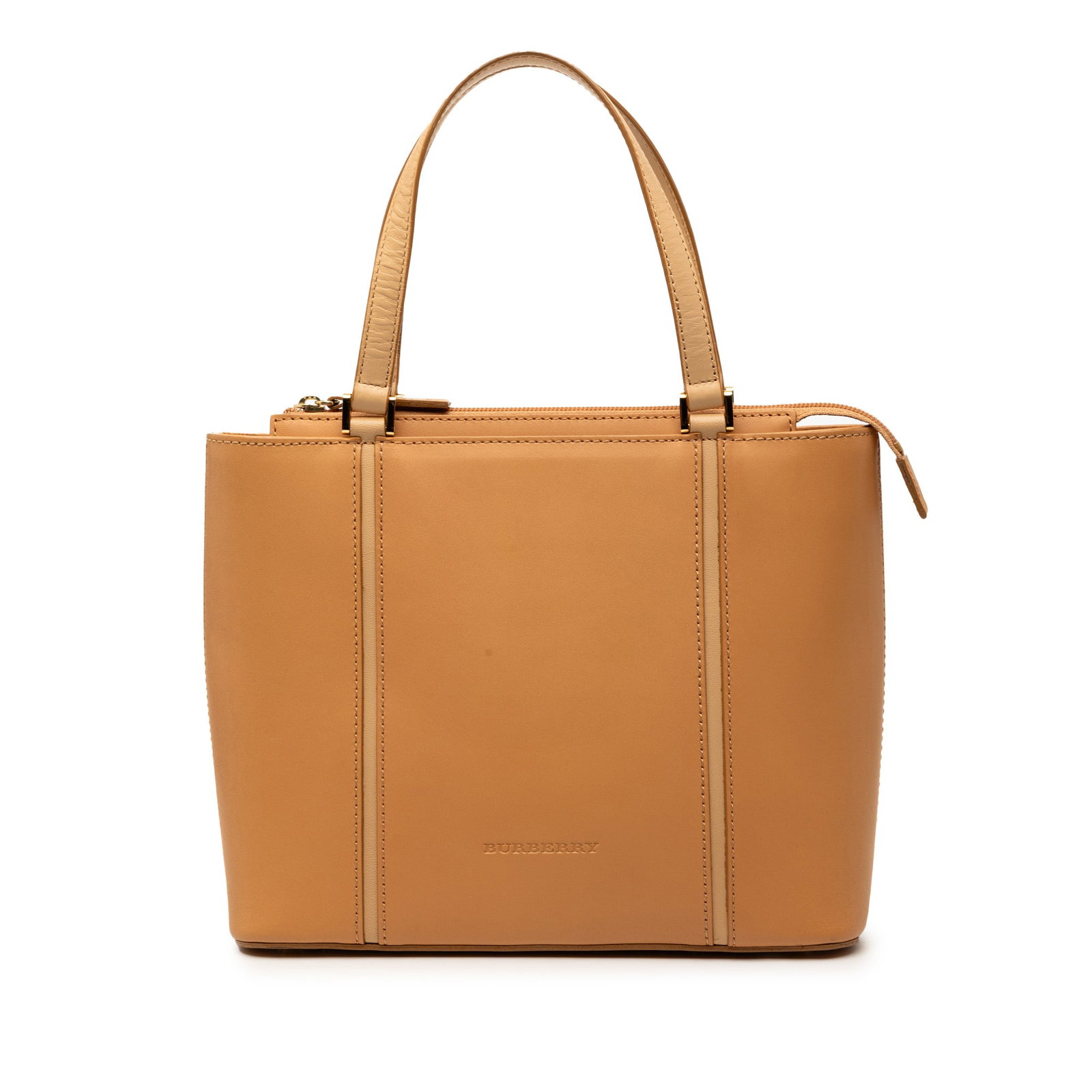 Burberry brown leather tote bag: Burberry brown leather tote bag This Burberry leather tote features a brown leather body with flat leather handles and a top zip closure. The interior is equipped with both zip and slip pockets for or