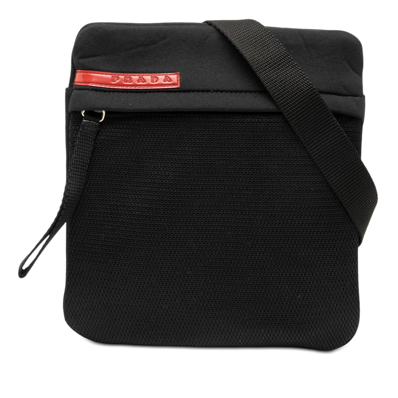 Prada Tessuto Nylon Black Sport Crossbody Bag with Zip Top: Prada Tessuto Nylon Black Sport Crossbody Bag with Zip Top This Prada Tessuto Zip Top Sport Crossbody bag is crafted from black nylon fabric and features an adjustable flat canvas strap, a top zip clo