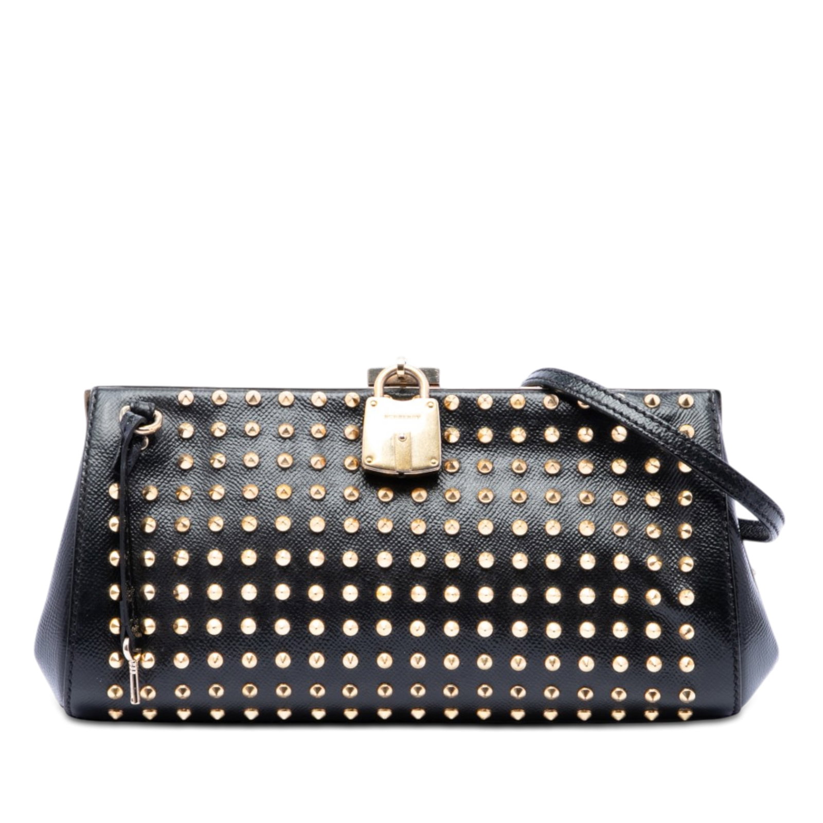 Burberry Padlock Crossbody Bag in Black Studded Calfskin: Burberry Padlock Crossbody Bag in Black Studded Calfskin This Burberry crossbody bag features a studded leather body, an adjustable and detachable flat leather strap, a top frame with padlock detail, 